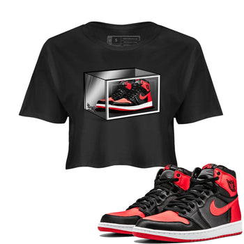 Air Jordan 1 Retro High OG Satin Bred shirt to match jordans Shoe Box sneaker release tees Air Jordan 1 Satin Bred SNRT Sneaker Tees Black 1 Crop T-Shirt
