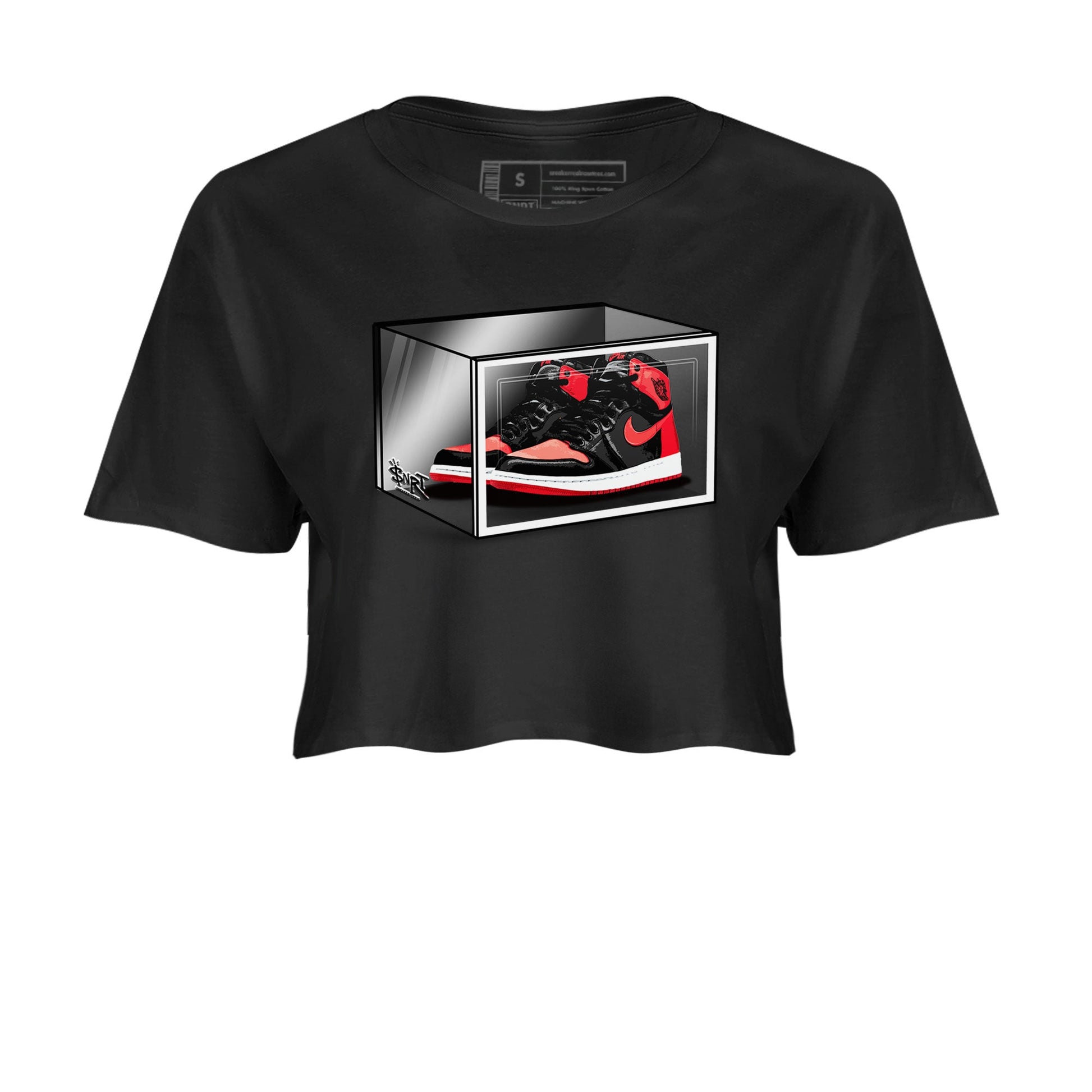 Air Jordan 1 Retro High OG Satin Bred shirt to match jordans Shoe Box sneaker release tees Air Jordan 1 Satin Bred SNRT Sneaker Tees Black 2 Crop T-Shirt