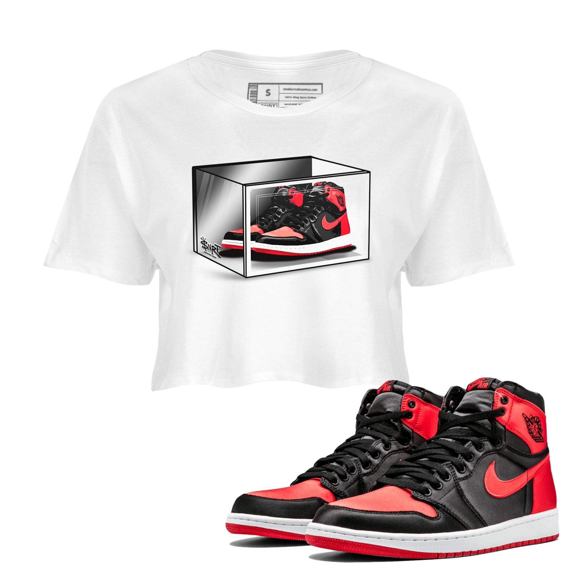 Air Jordan 1 Retro High OG Satin Bred shirt to match jordans Shoe Box sneaker release tees Air Jordan 1 Satin Bred SNRT Sneaker Tees White 1 Crop T-Shirt