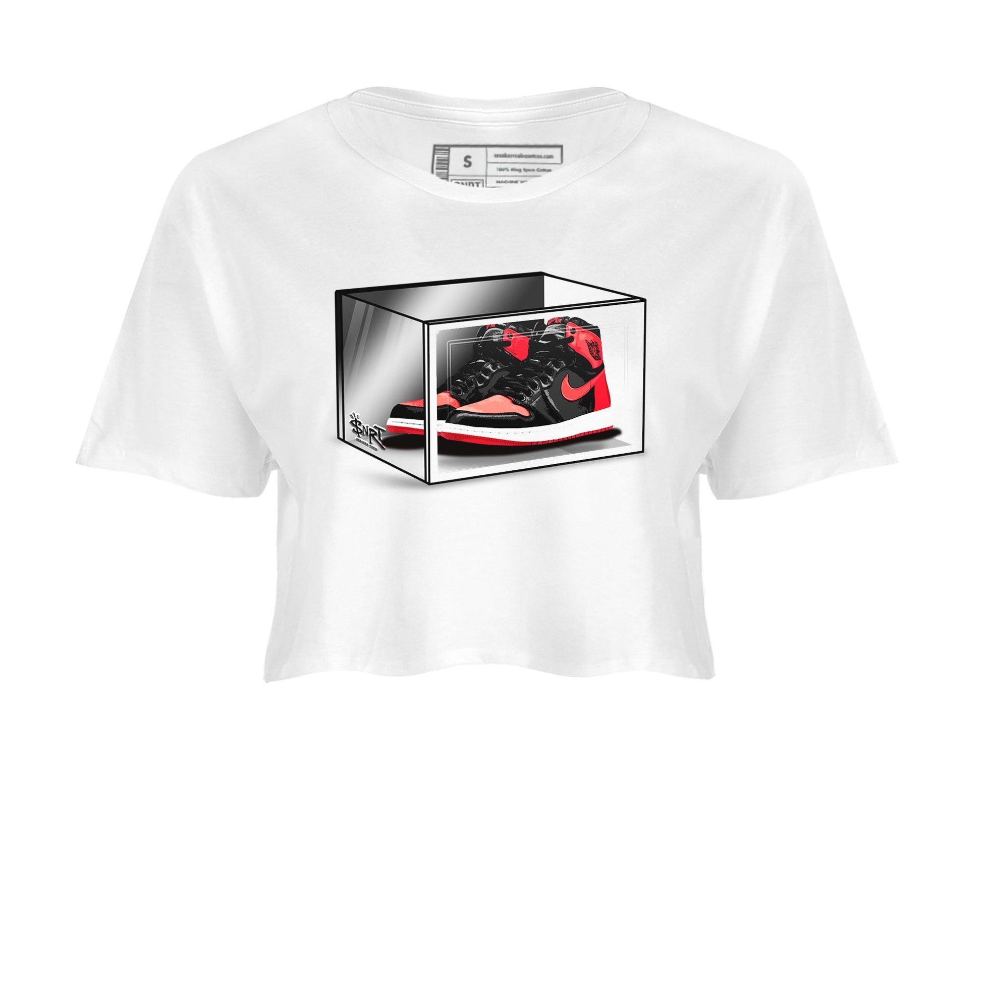 Air Jordan 1 Retro High OG Satin Bred shirt to match jordans Shoe Box sneaker release tees Air Jordan 1 Satin Bred SNRT Sneaker Tees White 2 Crop T-Shirt