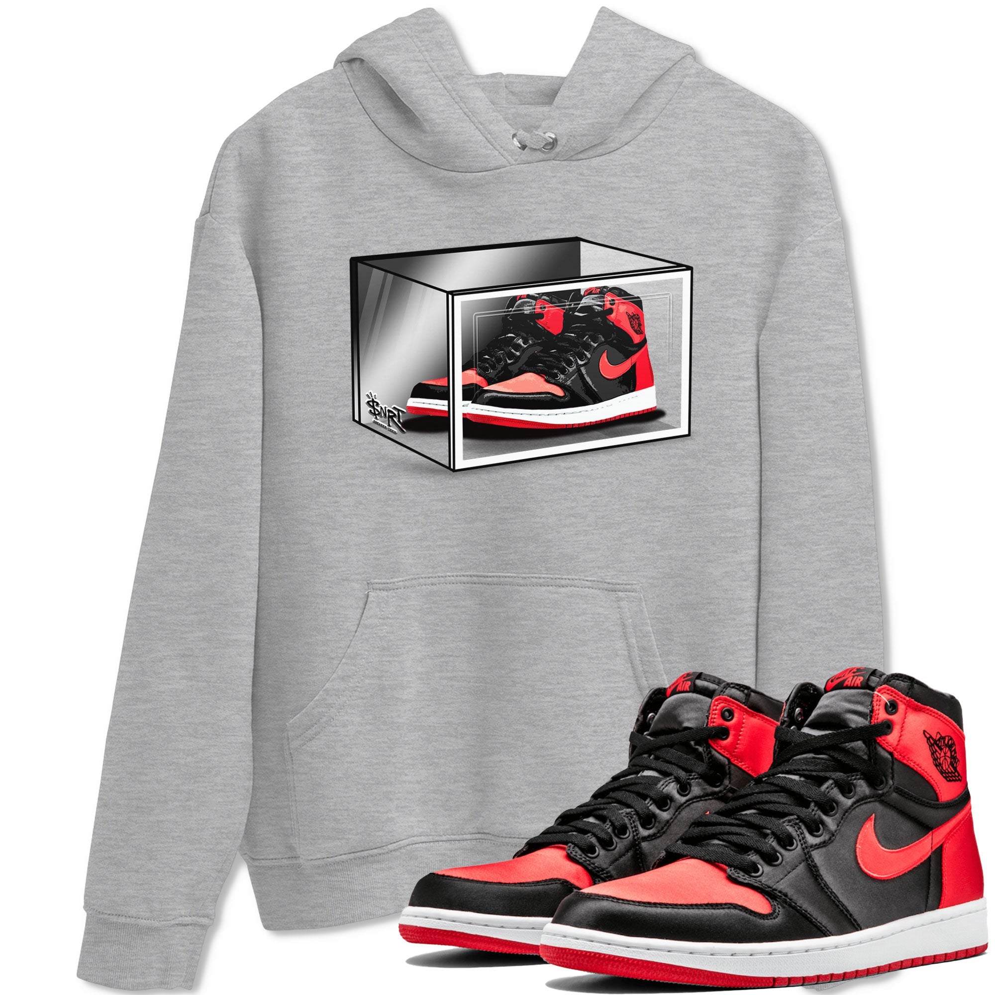 Air Jordan 1 Retro High OG Satin Bred shirt to match jordans Shoe Box sneaker release tees Air Jordan 1 Satin Bred SNRT Sneaker Tees Unisex Streetwear Clothing Heather Grey 1 T-Shirt