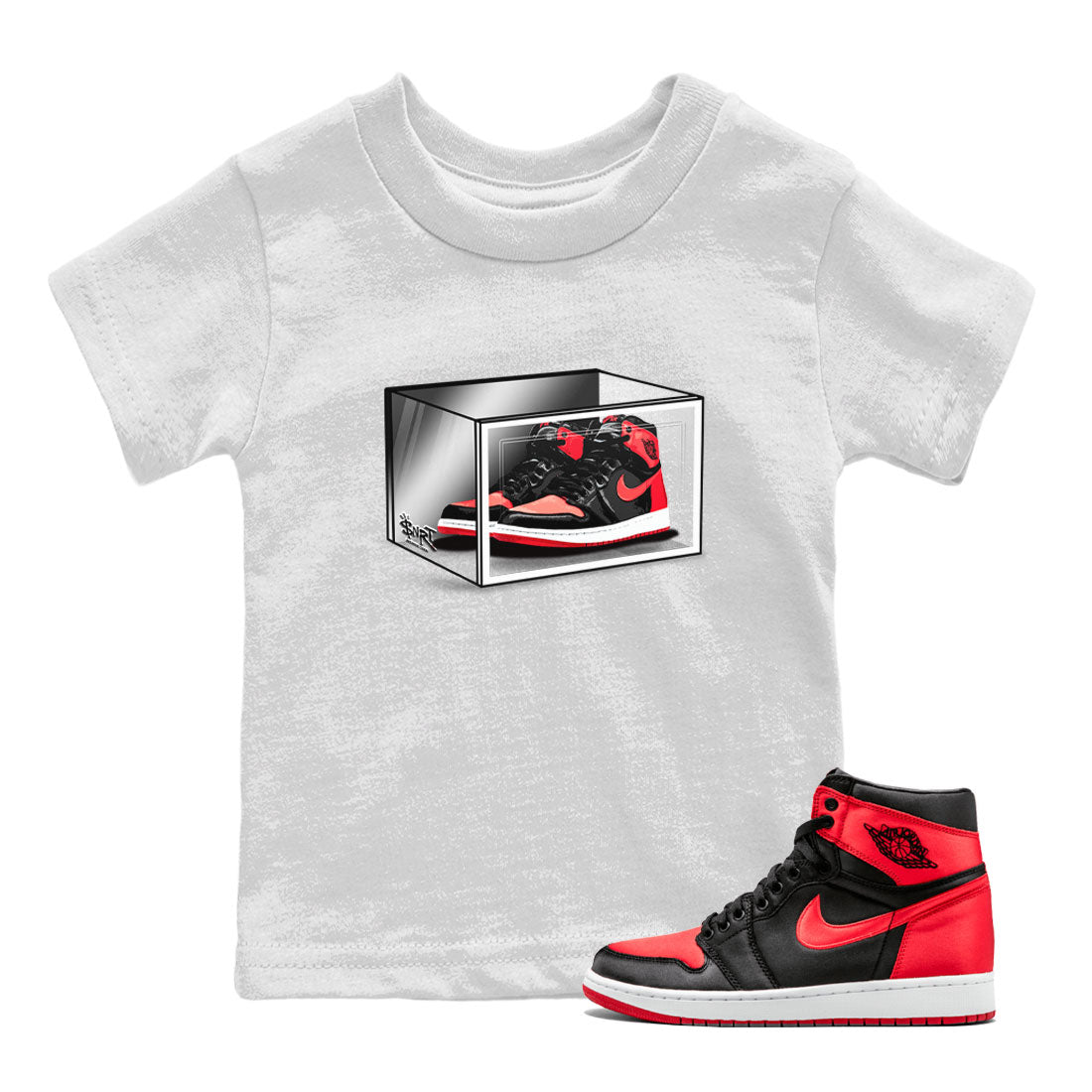 Air Jordan 1 Retro High OG Satin Bred shirt to match jordans Shoe Box sneaker release tees Air Jordan 1 Satin Bred SNRT Sneaker Tees Baby Toddler White 1 T-Shirt