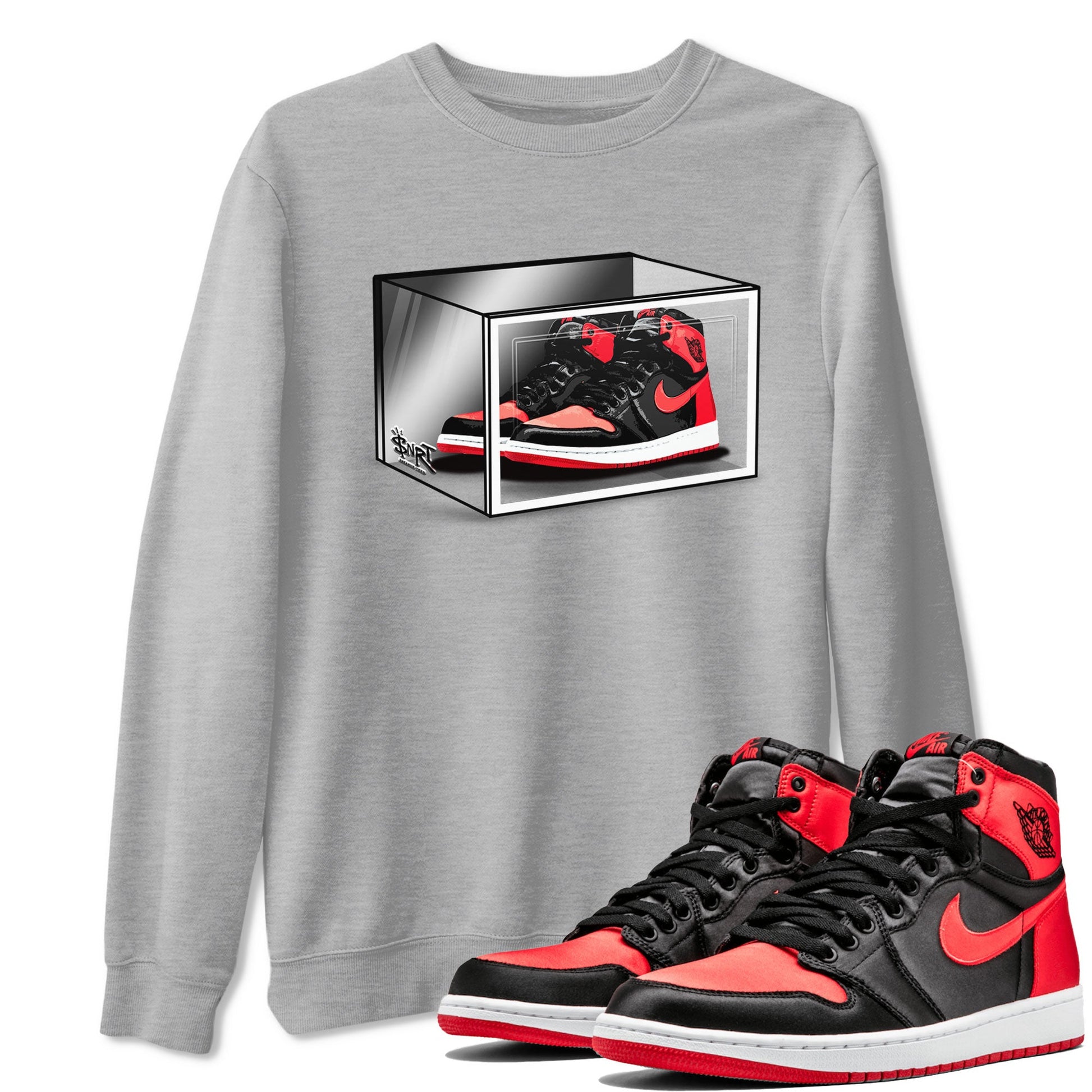 Air Jordan 1 Retro High OG Satin Bred shirt to match jordans Shoe Box sneaker release tees Air Jordan 1 Satin Bred SNRT Sneaker Tees Unisex Streetwear Clothing Heather Grey 1 T-Shirt