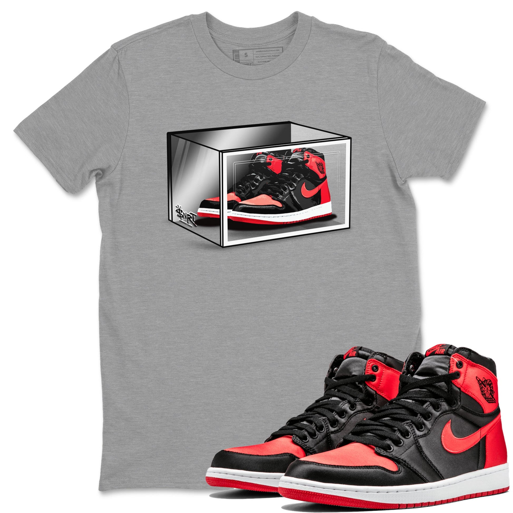Air Jordan 1 Retro High OG Satin Bred shirt to match jordans Shoe Box sneaker release tees Air Jordan 1 Satin Bred SNRT Sneaker Tees Unisex Streetwear Clothing Heather Grey 1 T-Shirt