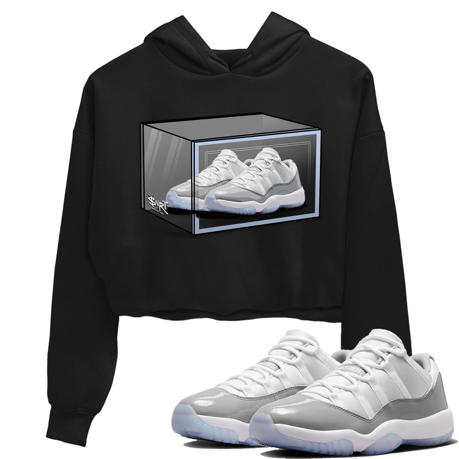 Air Jordan 11 Retro White Cement shirt to match jordans Shoe Box sneaker tees Air Jordan 11 White Cement SNRT Sneaker Release Tees Black 1 Crop T-Shirt
