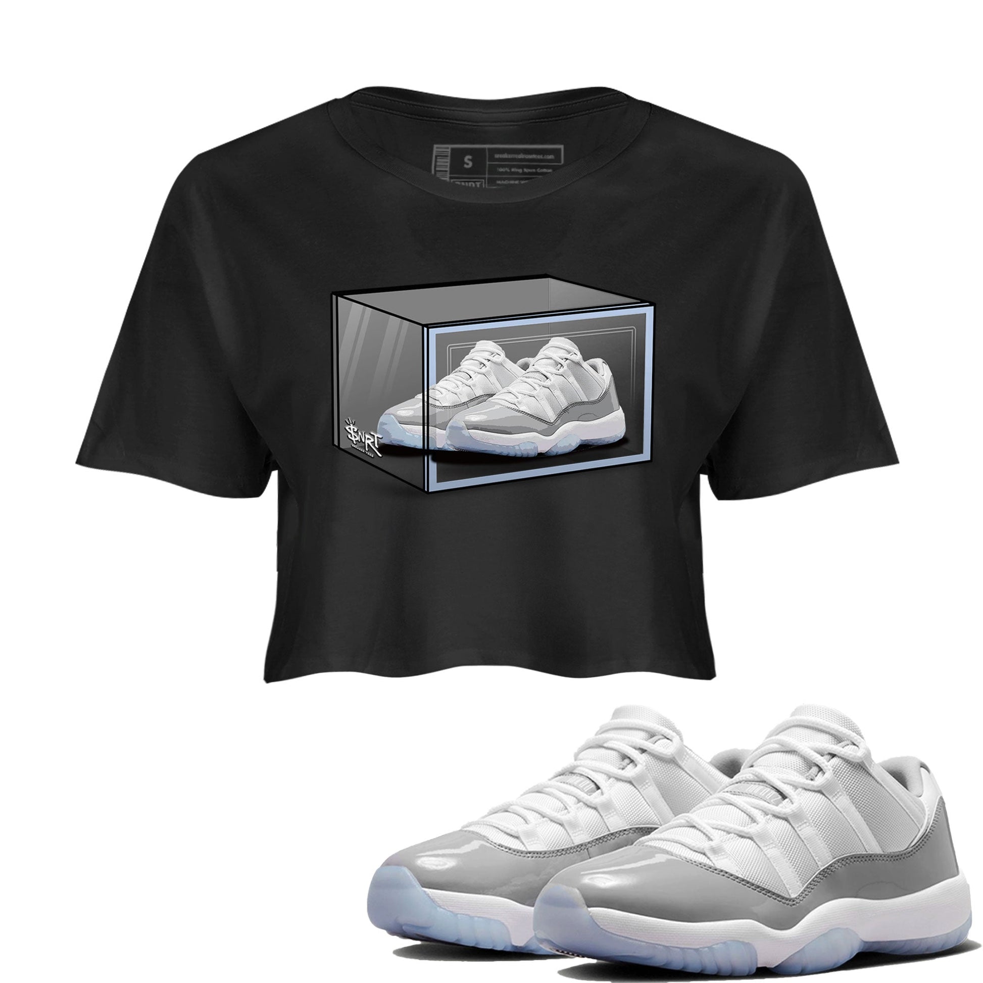 Air Jordan 11 Retro White Cement shirt to match jordans Shoe Box sneaker tees Air Jordan 11 White Cement SNRT Sneaker Release Tees Black 1 Crop T-Shirt