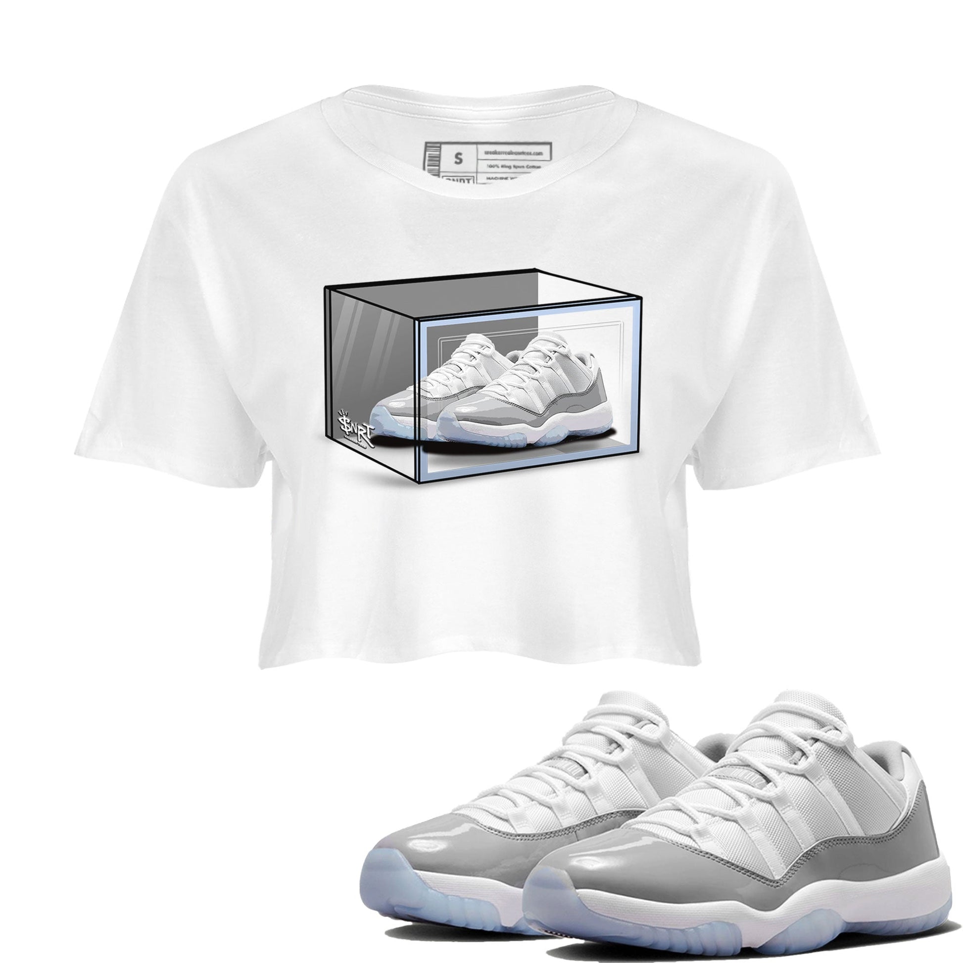Air Jordan 11 Retro White Cement shirt to match jordans Shoe Box sneaker tees Air Jordan 11 White Cement SNRT Sneaker Release Tees White 1 Crop T-Shirt