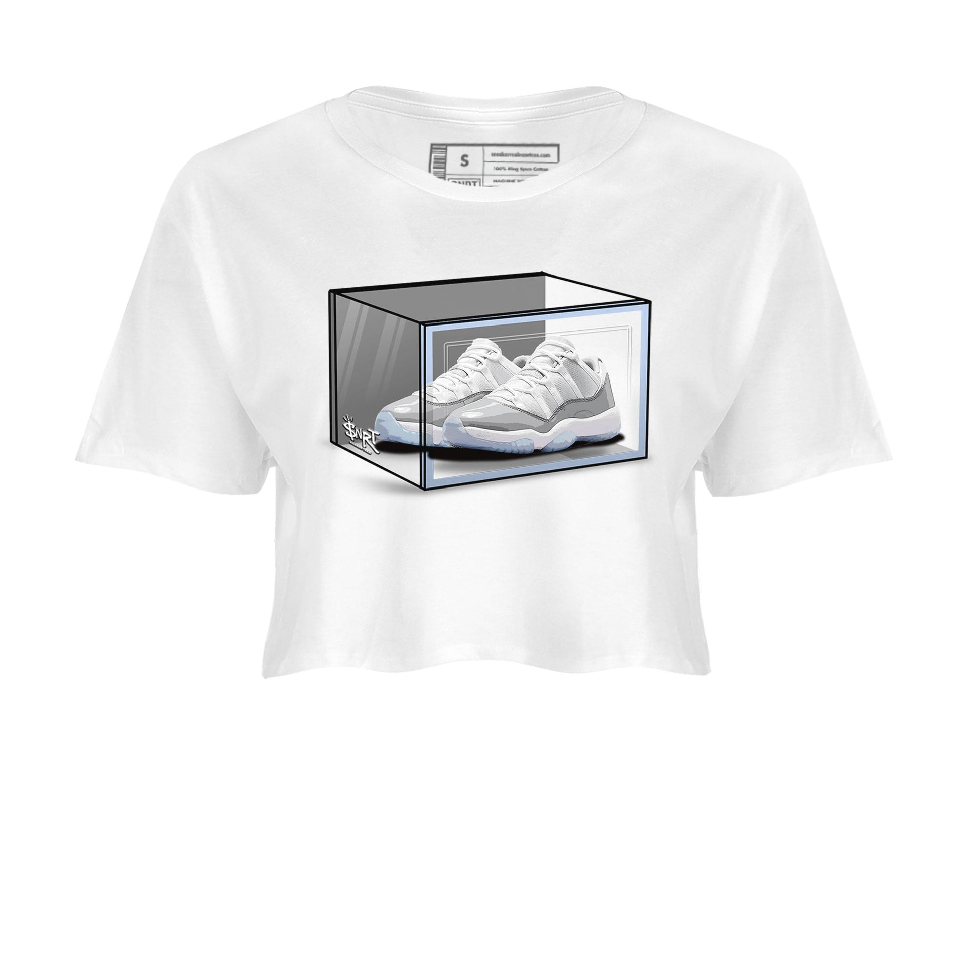 Air Jordan 11 Retro White Cement shirt to match jordans Shoe Box sneaker tees Air Jordan 11 White Cement SNRT Sneaker Release Tees White 2 Crop T-Shirt