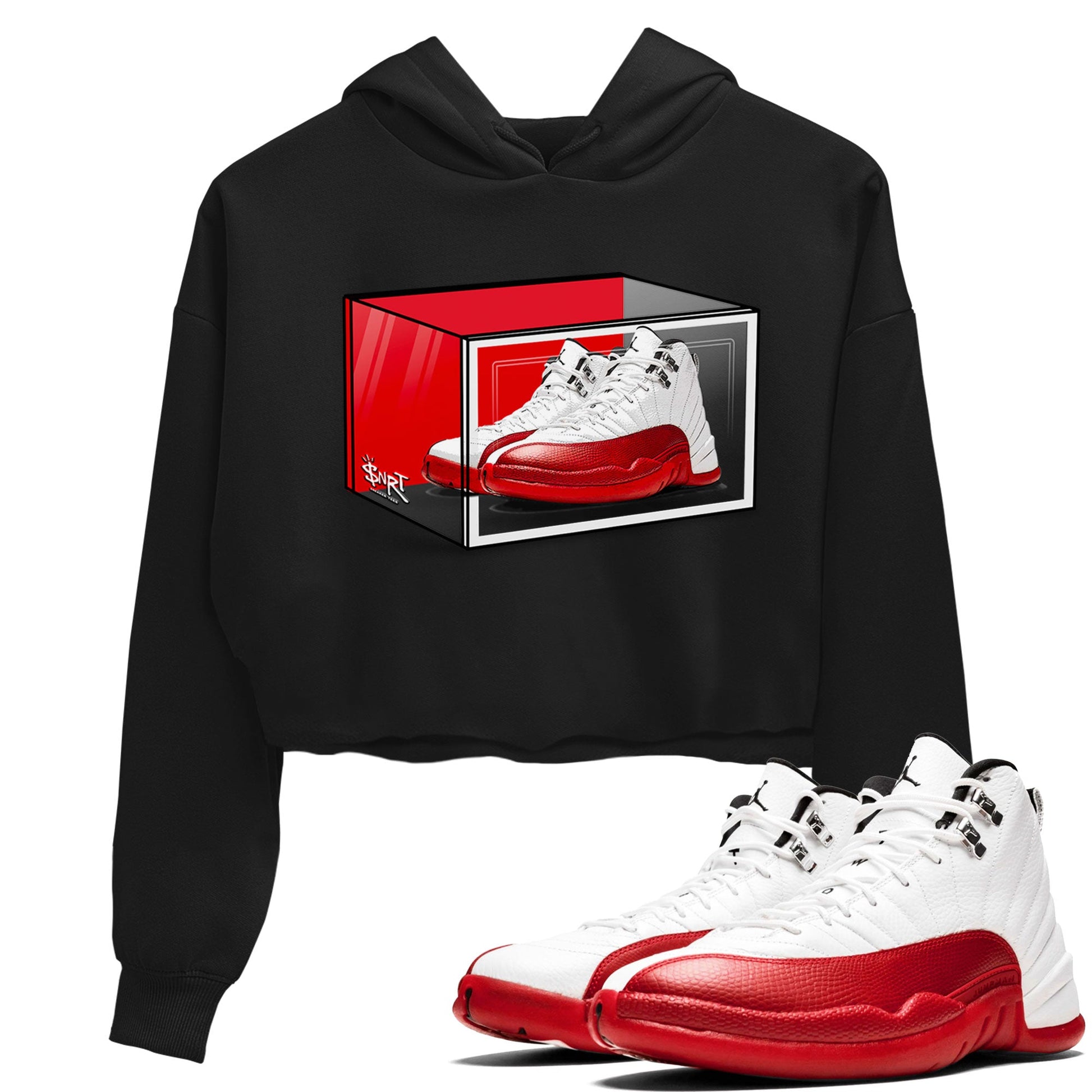 Air Jordan 12 Cherry shirt to match jordans Shoe Box sneaker tees Air Jordan 12 Retro Cherry SNRT Sneaker Release Tees Black 1 Crop T-Shirt