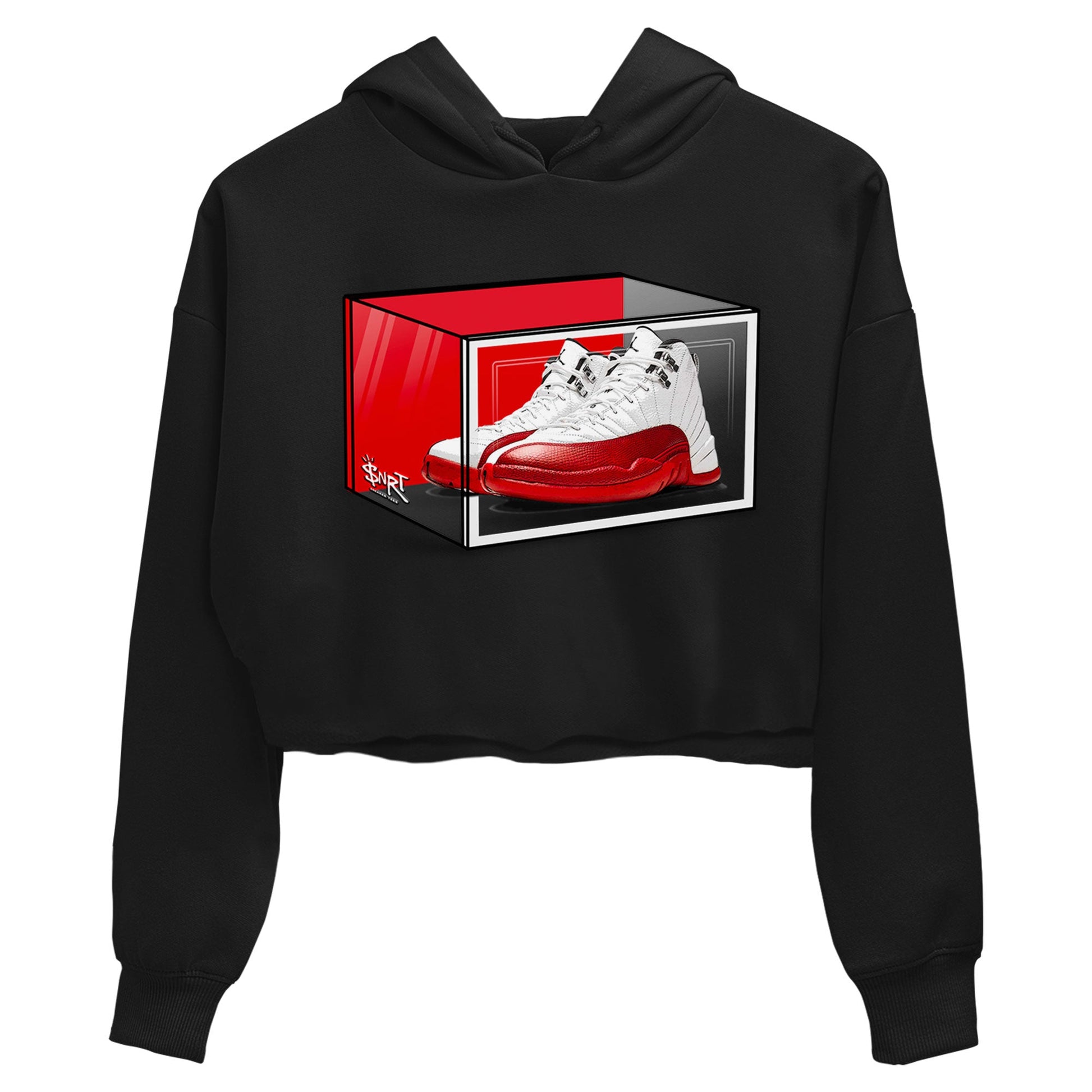 Air Jordan 12 Cherry shirt to match jordans Shoe Box sneaker tees Air Jordan 12 Retro Cherry SNRT Sneaker Release Tees Black 2 Crop T-Shirt