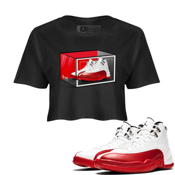 Air Jordan 12 Cherry shirt to match jordans Shoe Box sneaker tees Air Jordan 12 Retro Cherry SNRT Sneaker Release Tees Black 1 Crop T-Shirt