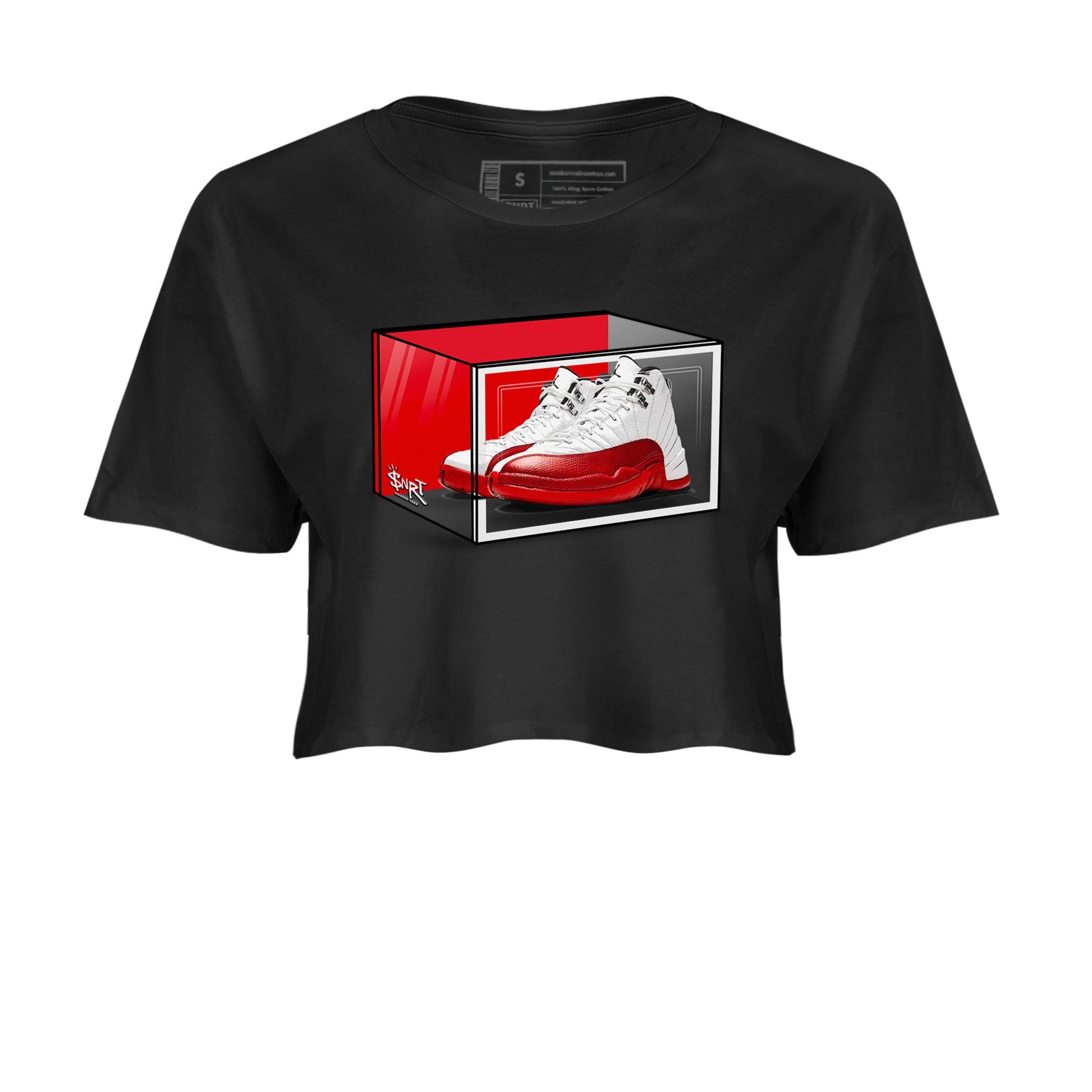 Air Jordan 12 Cherry shirt to match jordans Shoe Box sneaker tees Air Jordan 12 Retro Cherry SNRT Sneaker Release Tees Black 2 Crop T-Shirt