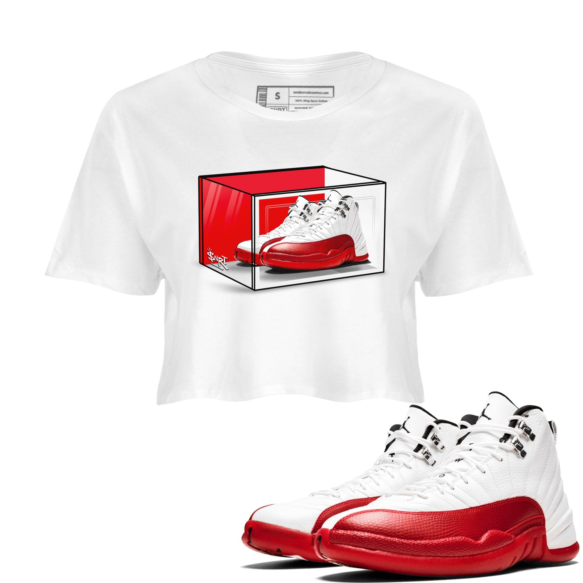 Air Jordan 12 Cherry shirt to match jordans Shoe Box sneaker tees Air Jordan 12 Retro Cherry SNRT Sneaker Release Tees White 1 Crop T-Shirt
