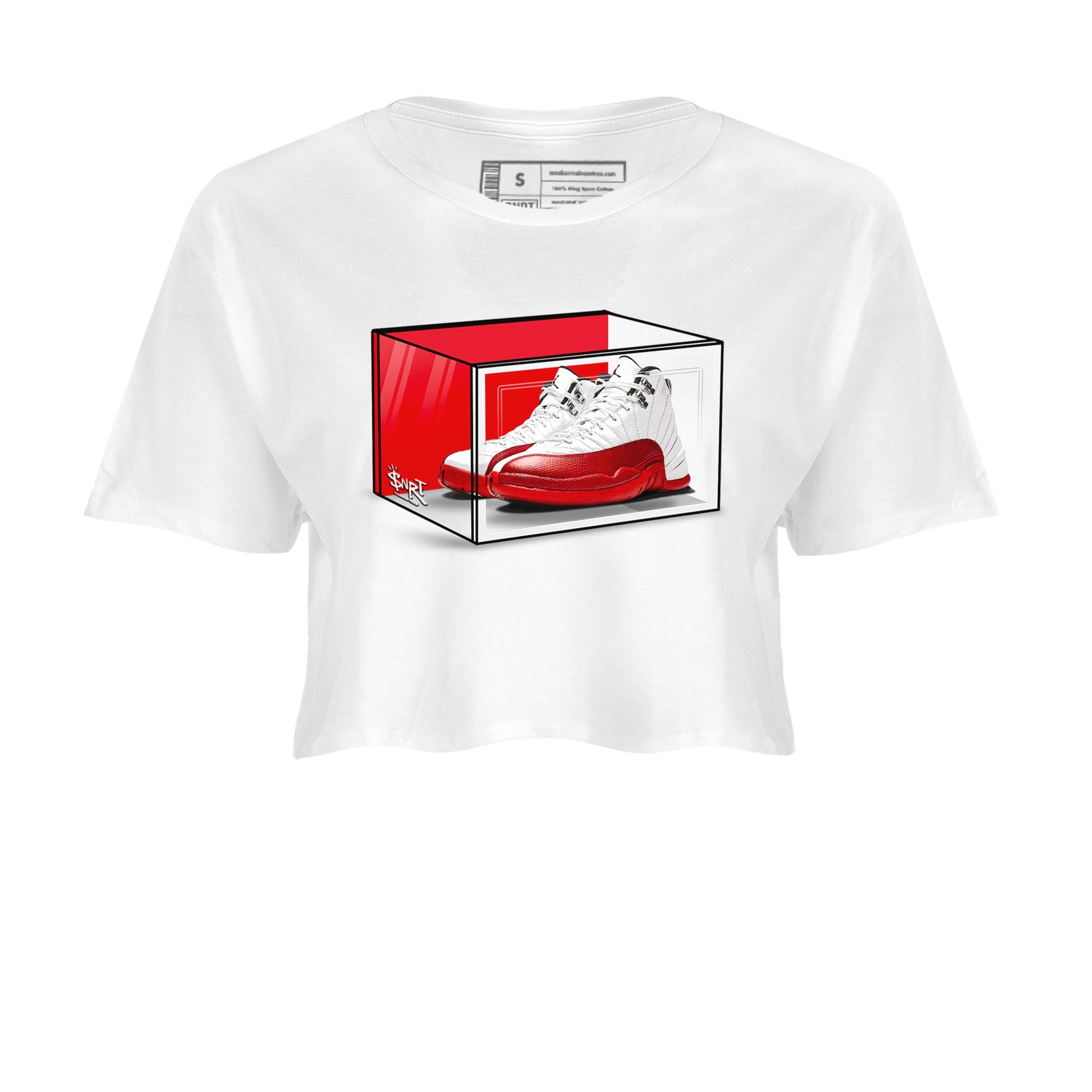 Air Jordan 12 Cherry shirt to match jordans Shoe Box sneaker tees Air Jordan 12 Retro Cherry SNRT Sneaker Release Tees White 2 Crop T-Shirt