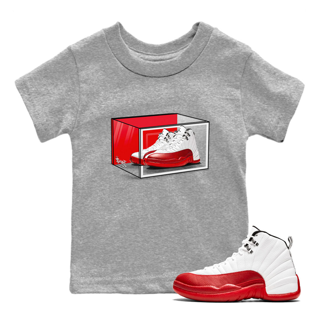 Air Jordan 12 Cherry shirt to match jordans Shoe Box sneaker tees Air Jordan 12 Retro Cherry SNRT Sneaker Release Tees Baby Toddler Heather Grey 1 T-Shirt