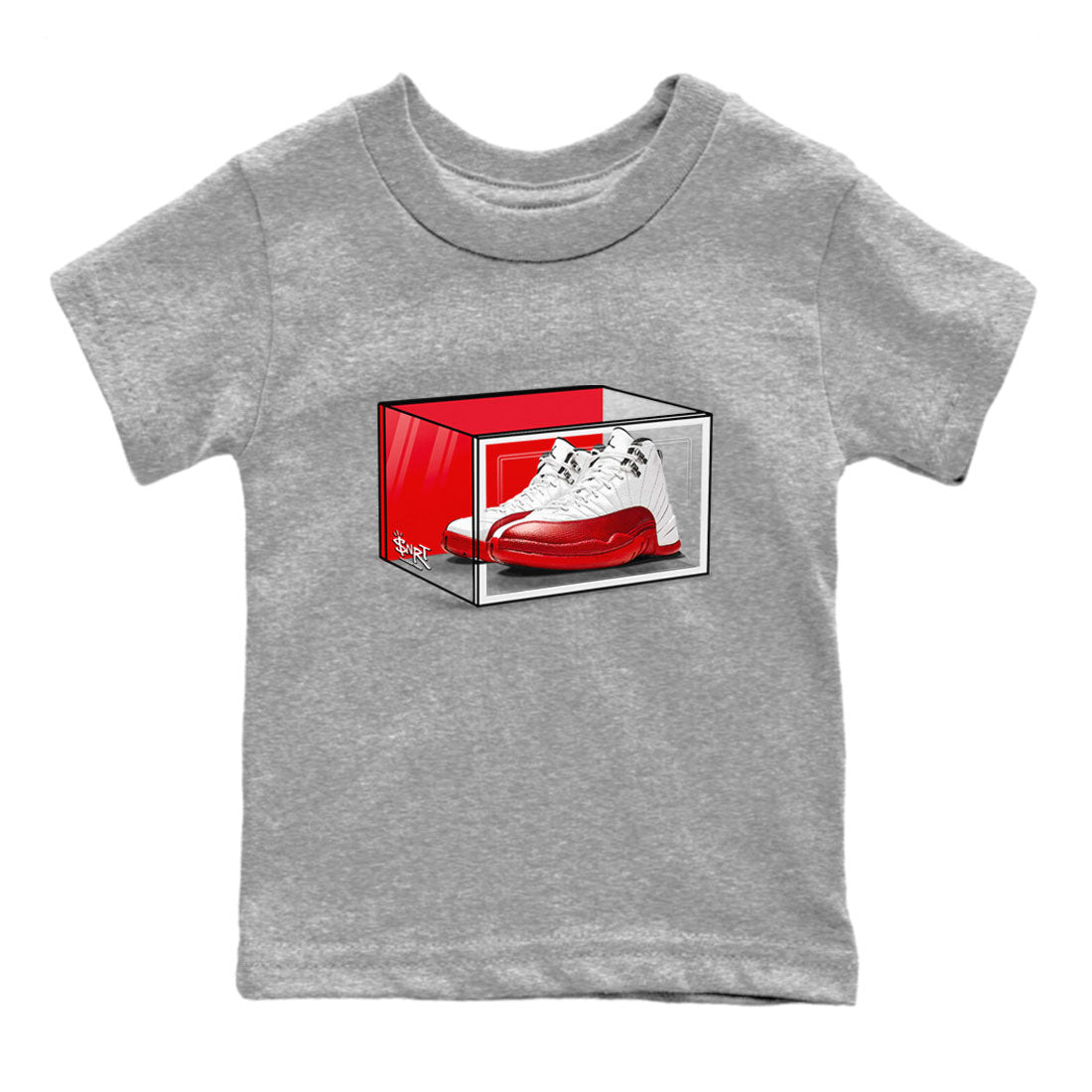 Air Jordan 12 Cherry shirt to match jordans Shoe Box sneaker tees Air Jordan 12 Retro Cherry SNRT Sneaker Release Tees Baby Toddler Heather Grey 2 T-Shirt
