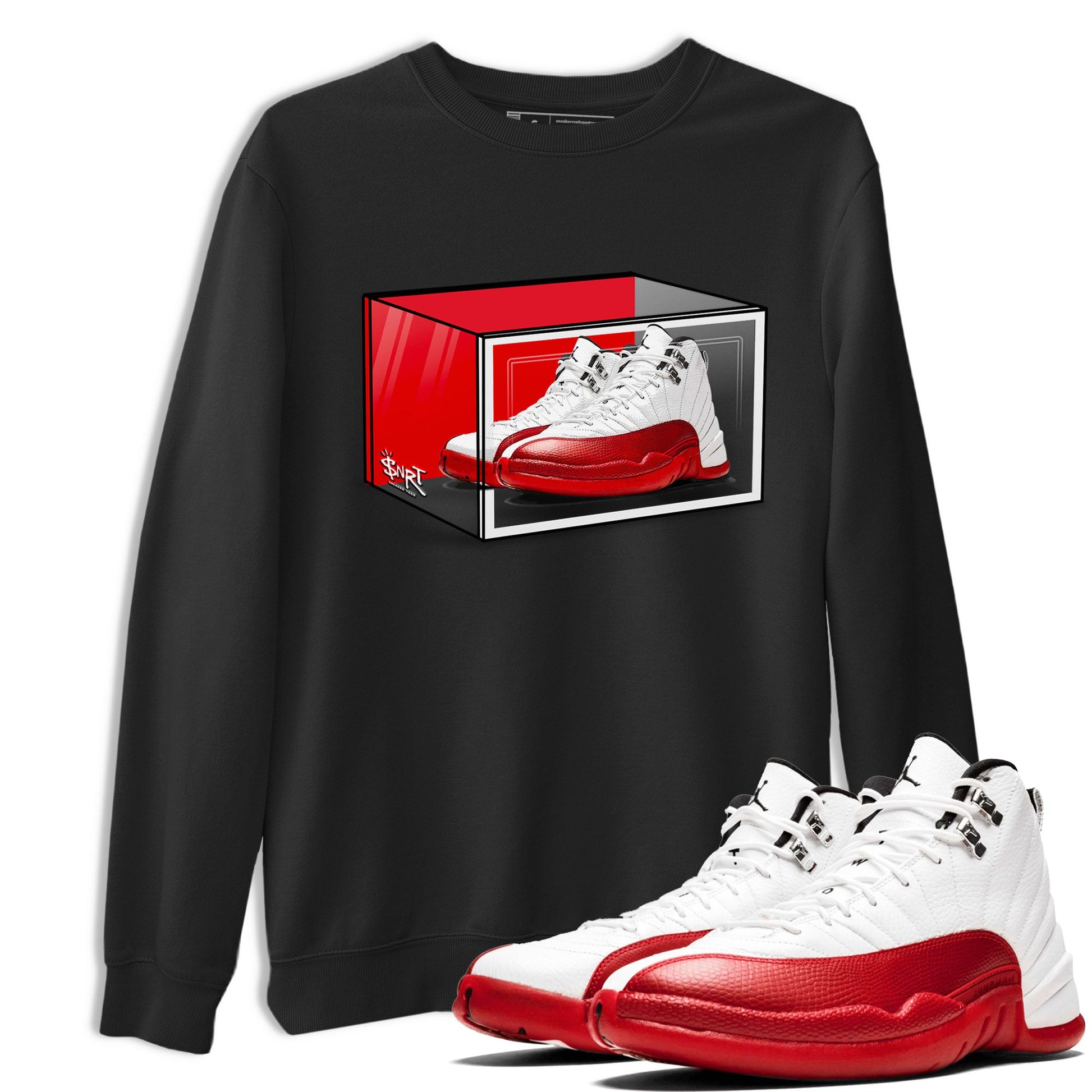 Air Jordan 12 Cherry shirt to match jordans Shoe Box sneaker tees Air Jordan 12 Retro Cherry SNRT Sneaker Release Tees Unisex Black 1 T-Shirt