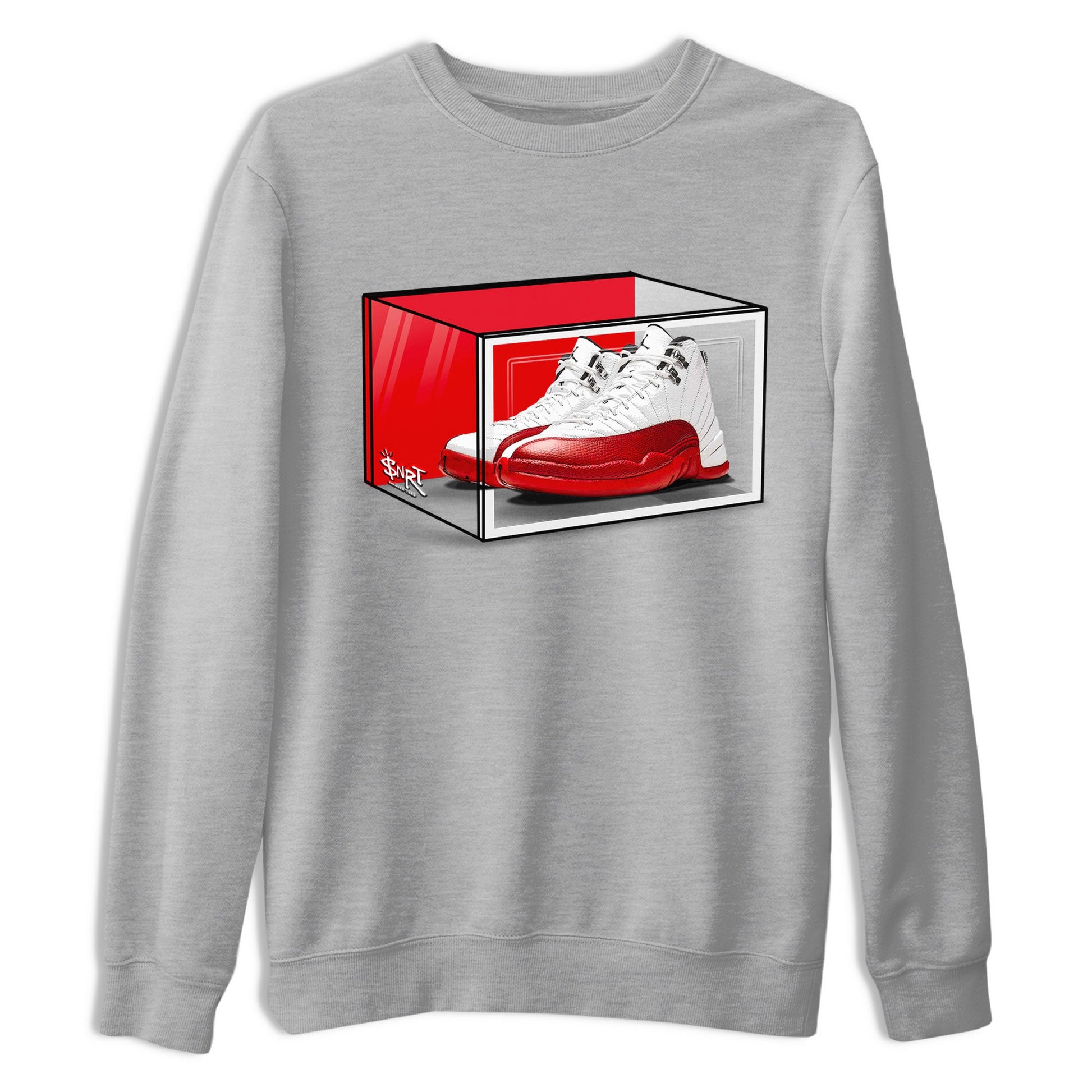 Air Jordan 12 Cherry shirt to match jordans Shoe Box sneaker tees Air Jordan 12 Retro Cherry SNRT Sneaker Release Tees Unisex Heather Grey 2 T-Shirt