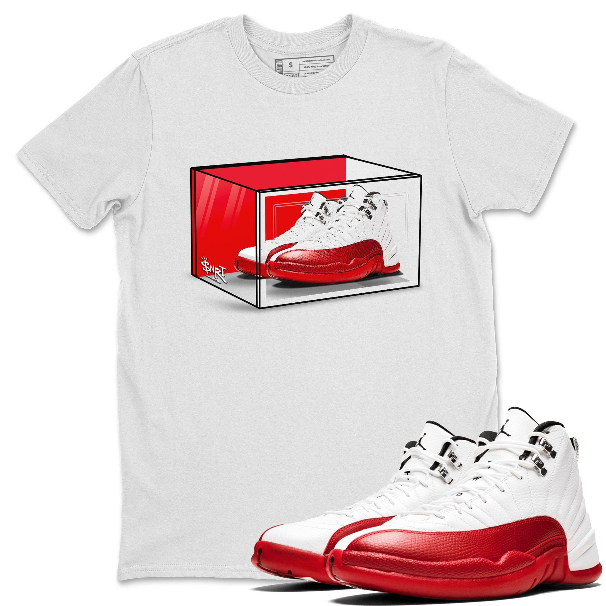 Air Jordan 12 Cherry shirt to match jordans Shoe Box sneaker tees Air Jordan 12 Retro Cherry SNRT Sneaker Release Tees Unisex White 1 T-Shirt