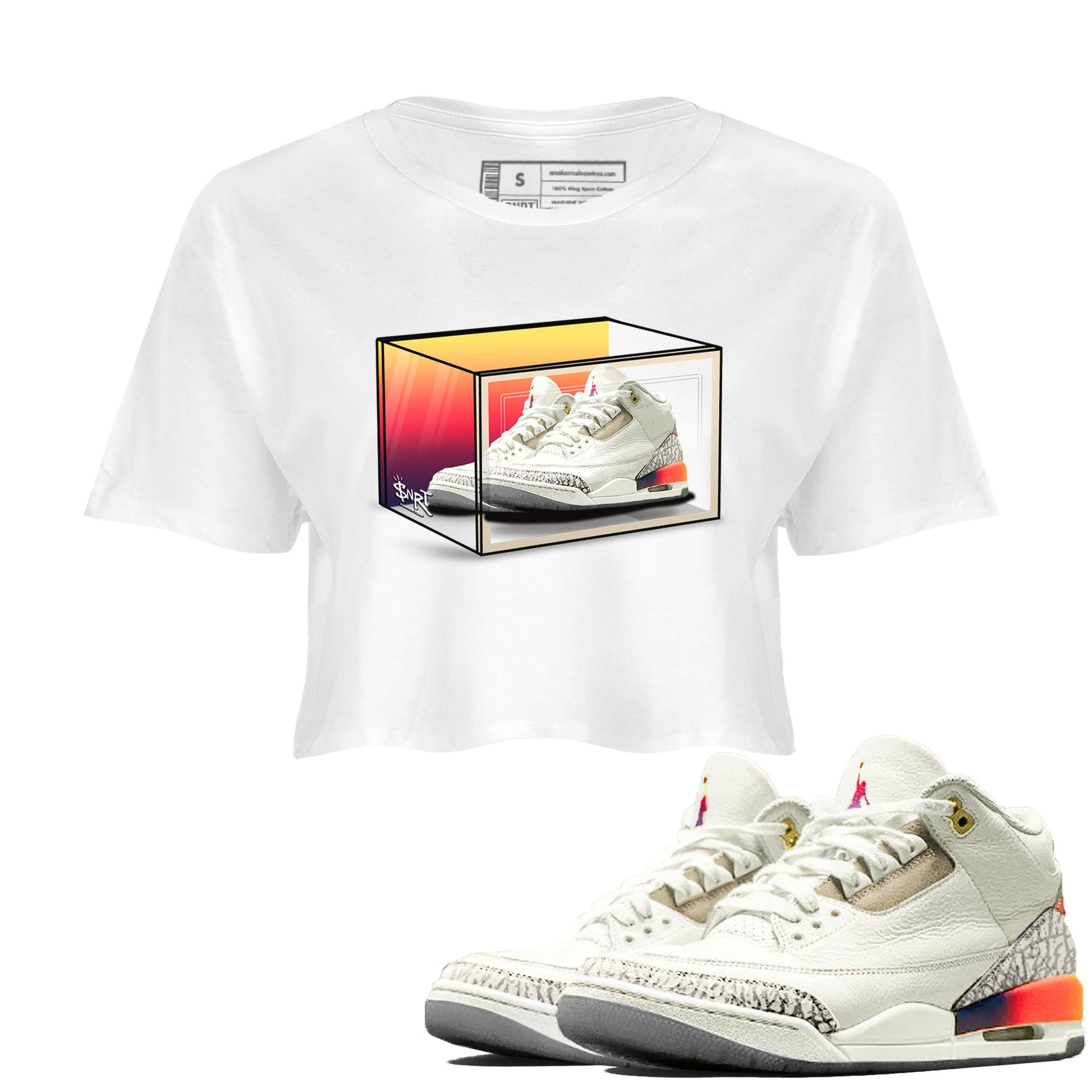 Air Jordan 3 J Balvin shirt to match jordans Shoe Box sneaker tees Air Jordan 3 J Balvin SNRT Sneaker Release Tees White 1 Crop T-Shirt