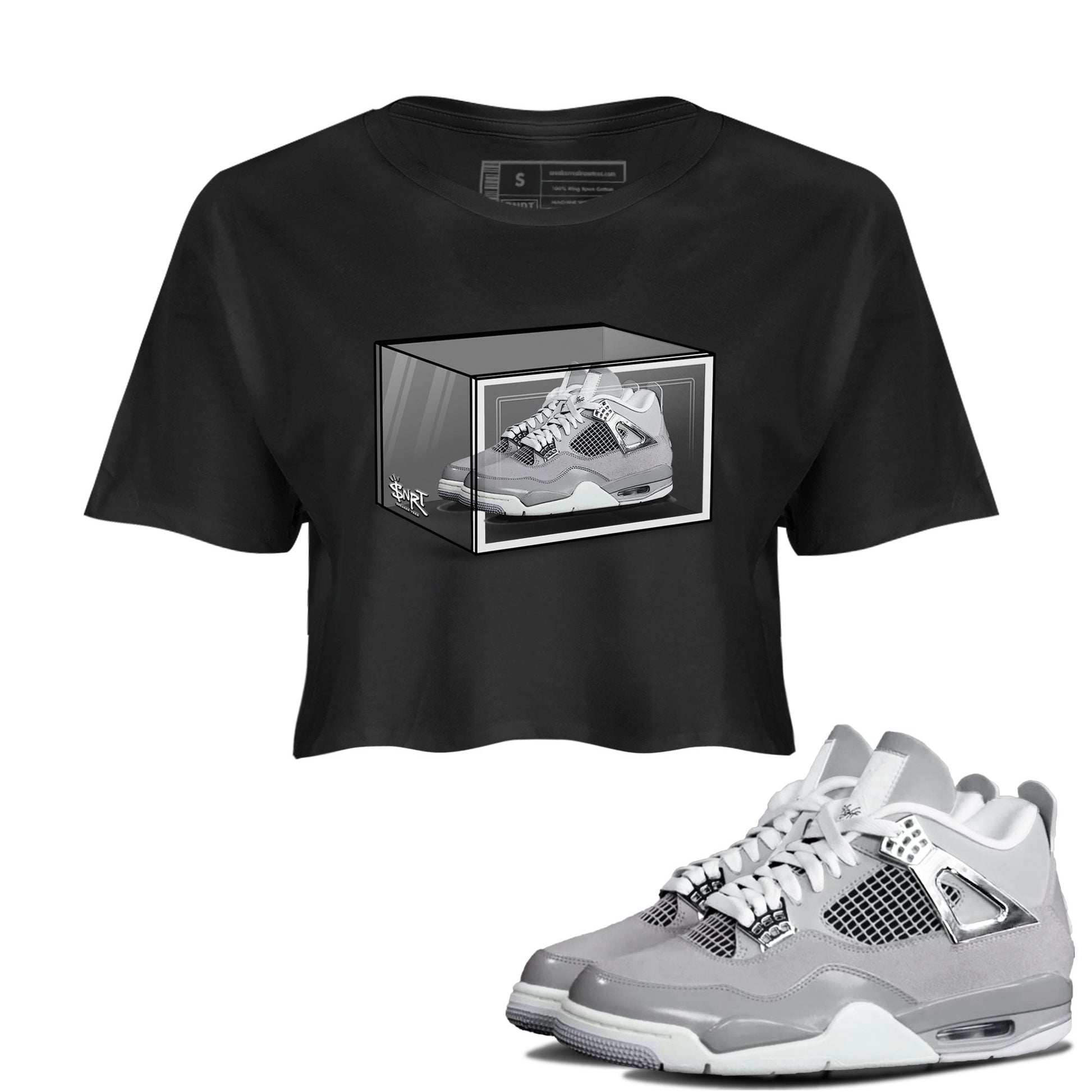 AJ4 Frozen Moments shirt to match jordans Shoe Box sneaker tees Air Jordan 4 Light Iron Ore SNRT Sneaker Release Tees Black 1 Crop T-Shirt