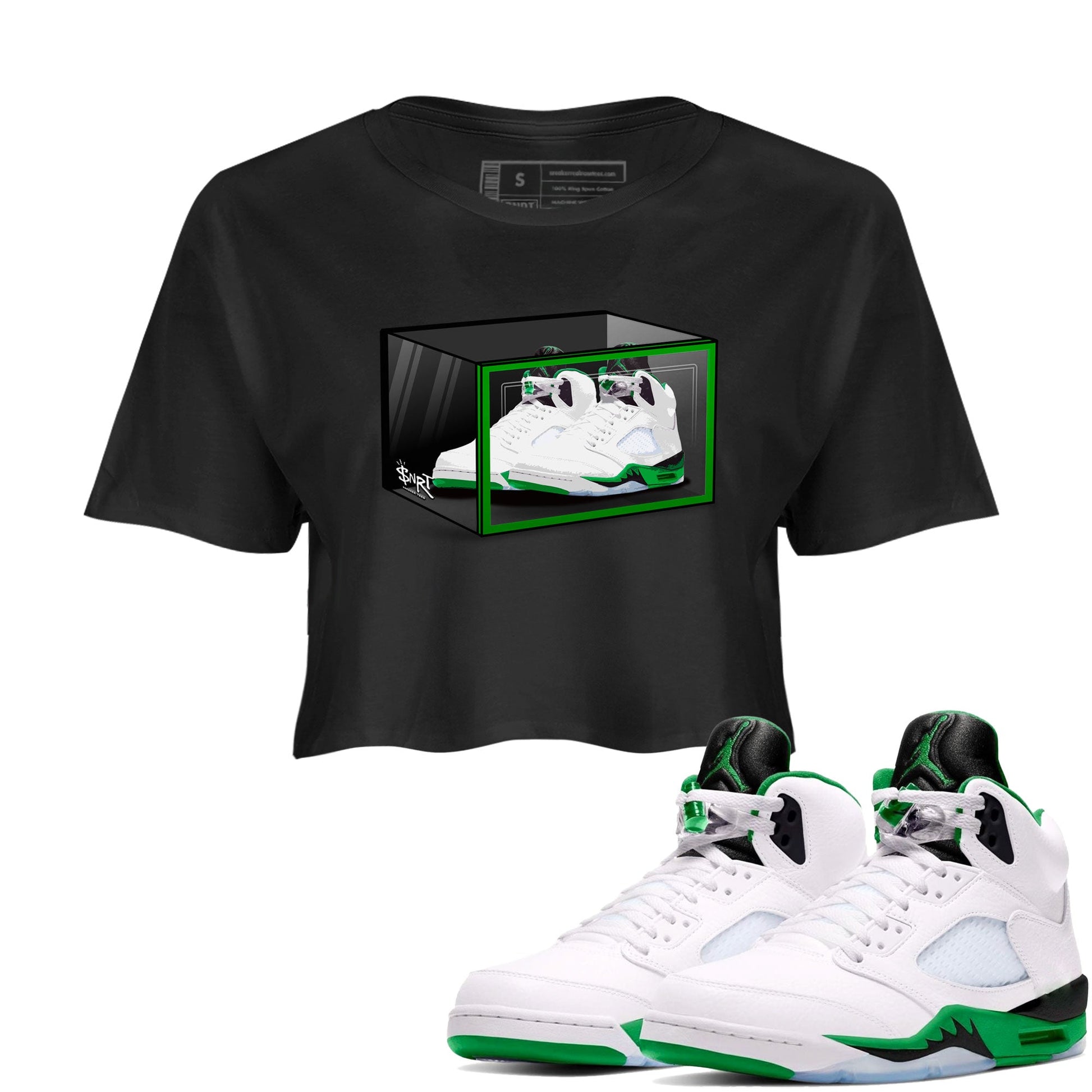 AJ5 Retro Lucky Green shirt to match jordans Shoe Box sneaker tees Air Jordan 5 Retro Lucky Green SNRT Sneaker Tees Casual Crew Neck T-Shirt Black 1 Crop T-Shirt