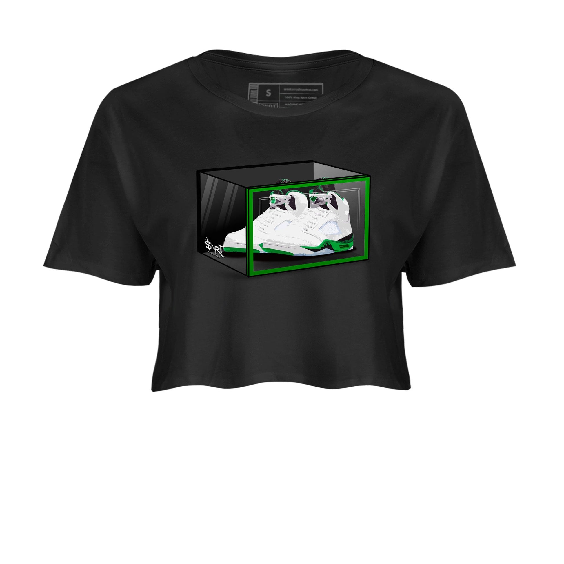 AJ5 Retro Lucky Green shirt to match jordans Shoe Box sneaker tees Air Jordan 5 Retro Lucky Green SNRT Sneaker Tees Casual Crew Neck T-Shirt Black 2 Crop T-Shirt