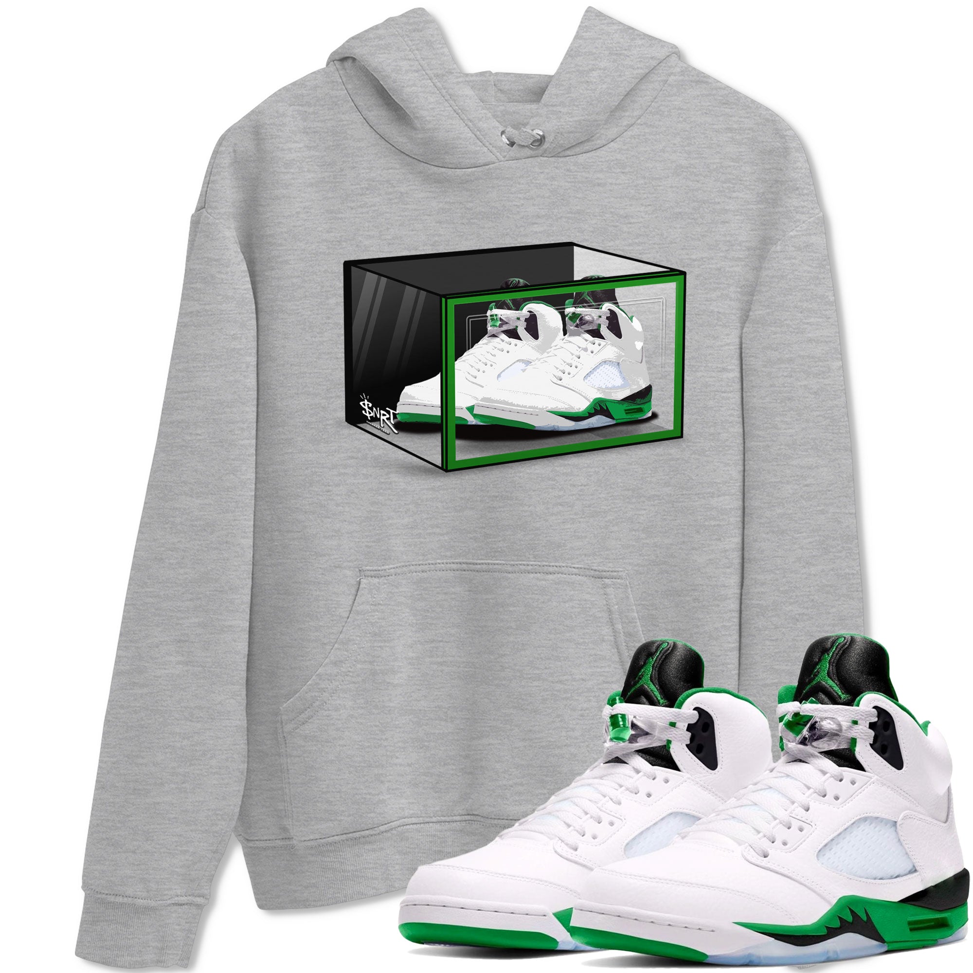 AJ5 Retro Lucky Green shirt to match jordans Shoe Box sneaker tees Air Jordan 5 Retro Lucky Green SNRT Sneaker Tees Casual Crew Neck T-Shirt Unisex Heather Grey 1 T-Shirt