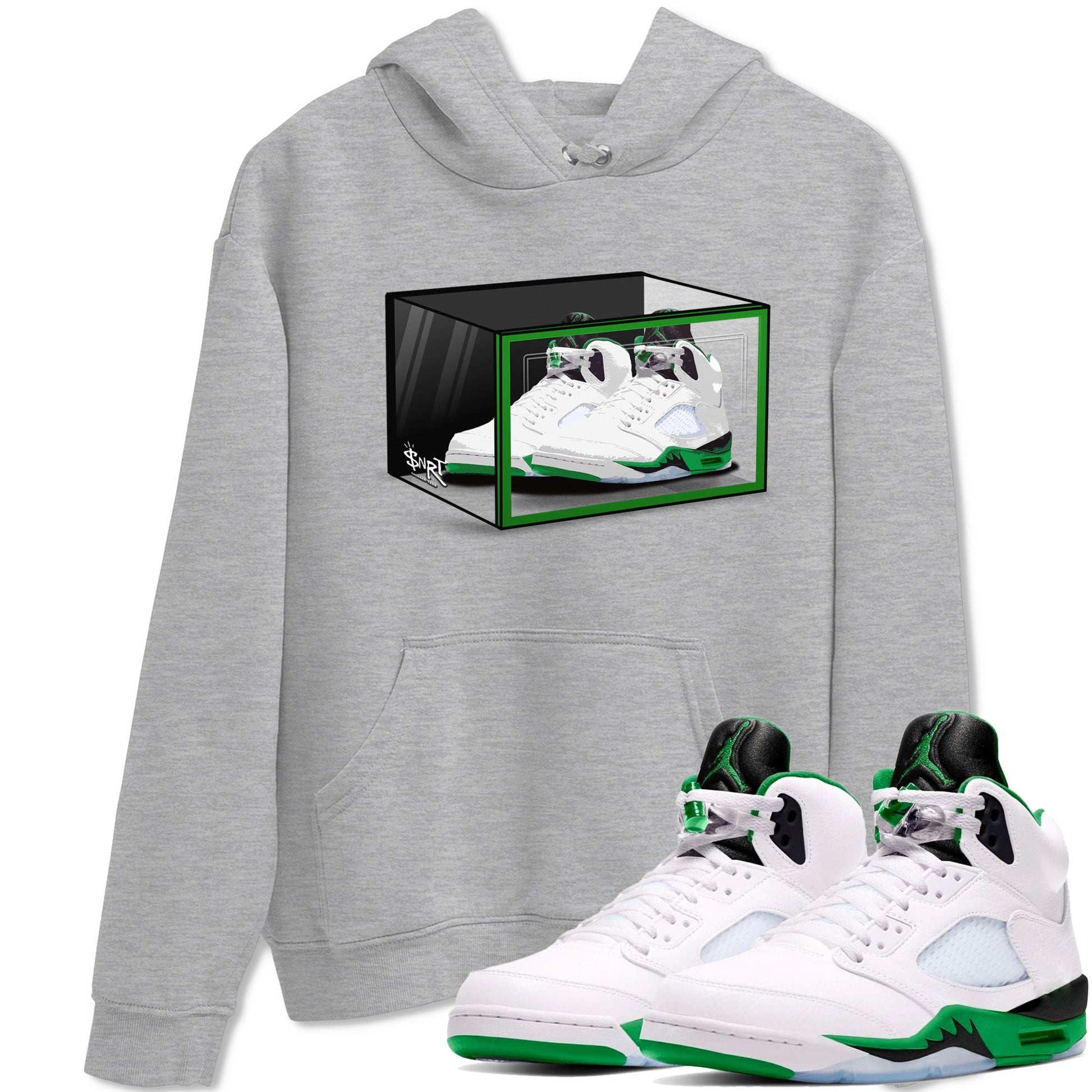 AJ5 Retro Lucky Green shirt to match jordans Shoe Box sneaker tees Air Jordan 5 Retro Lucky Green SNRT Sneaker Tees Casual Crew Neck T-Shirt Unisex Heather Grey 1 T-Shirt