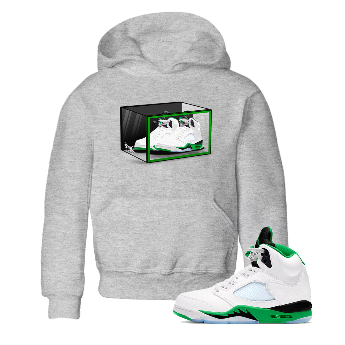 AJ5 Retro Lucky Green shirt to match jordans Shoe Box sneaker tees Air Jordan 5 Retro Lucky Green SNRT Sneaker Tees Casual Crew Neck T-Shirt Baby Toddler Heather Grey 1 T-Shirt