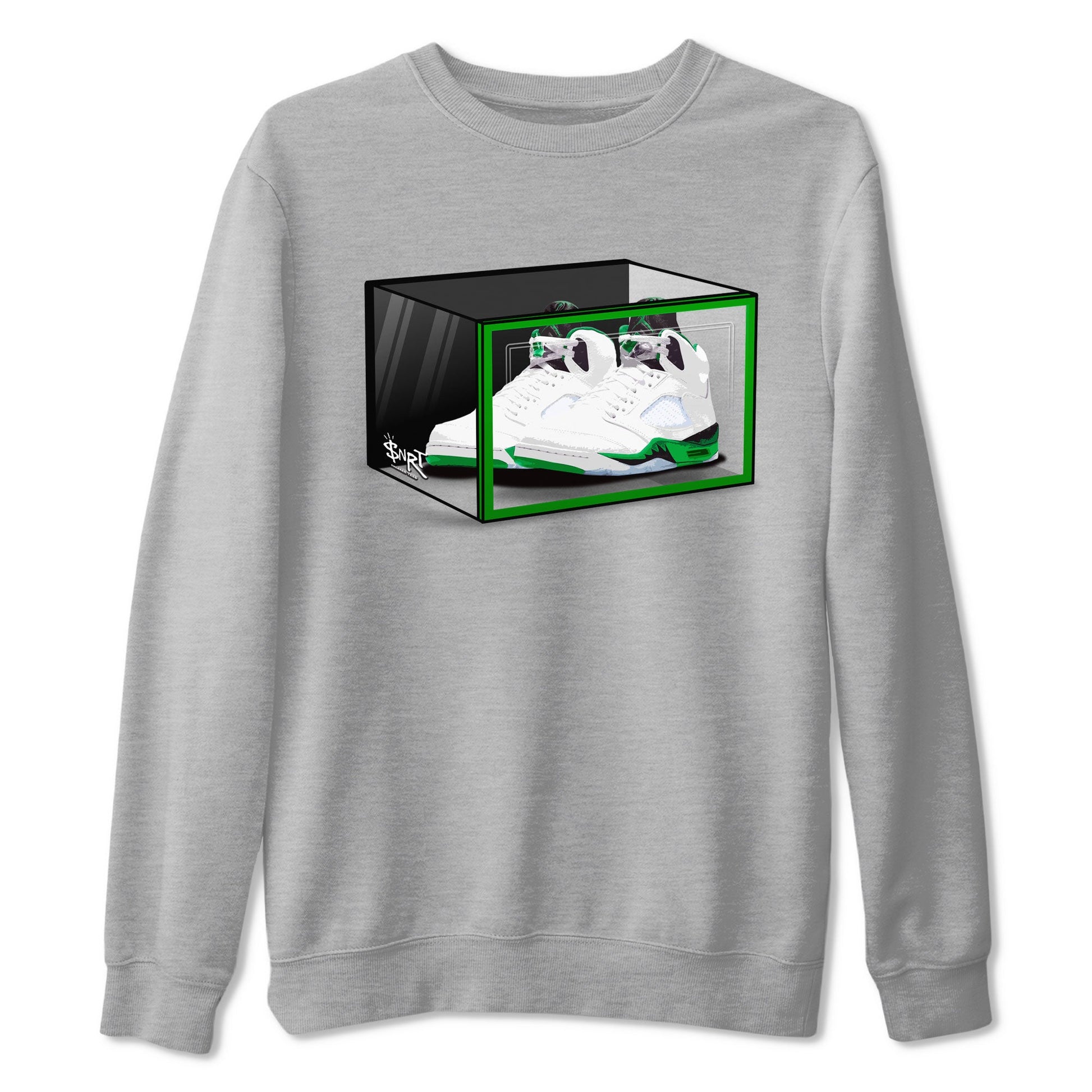 AJ5 Retro Lucky Green shirt to match jordans Shoe Box sneaker tees Air Jordan 5 Retro Lucky Green SNRT Sneaker Tees Casual Crew Neck T-Shirt Unisex Heather Grey 2 T-Shirt