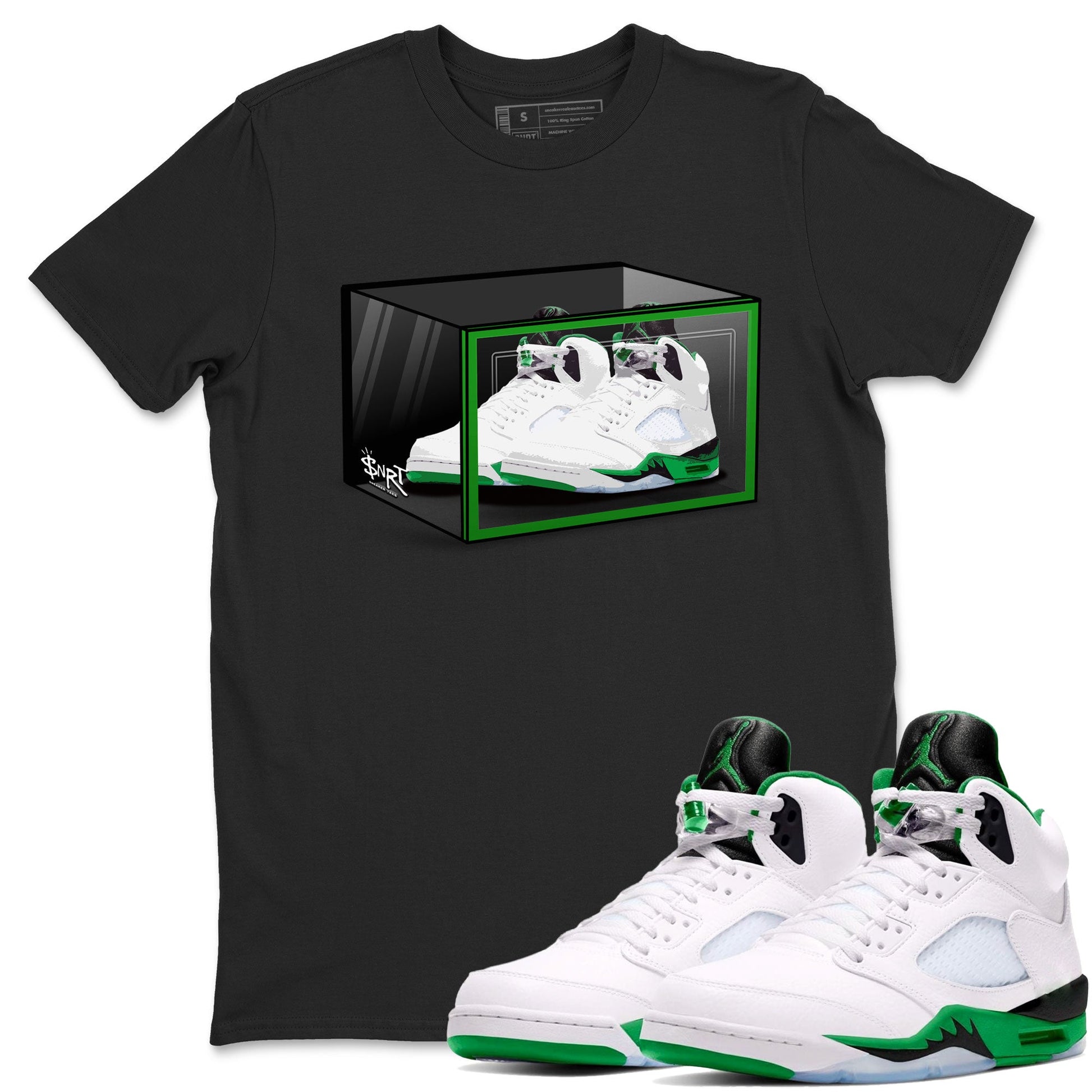 AJ5 Retro Lucky Green shirt to match jordans Shoe Box sneaker tees Air Jordan 5 Retro Lucky Green SNRT Sneaker Tees Casual Crew Neck T-Shirt Unisex Black 1 T-Shirt