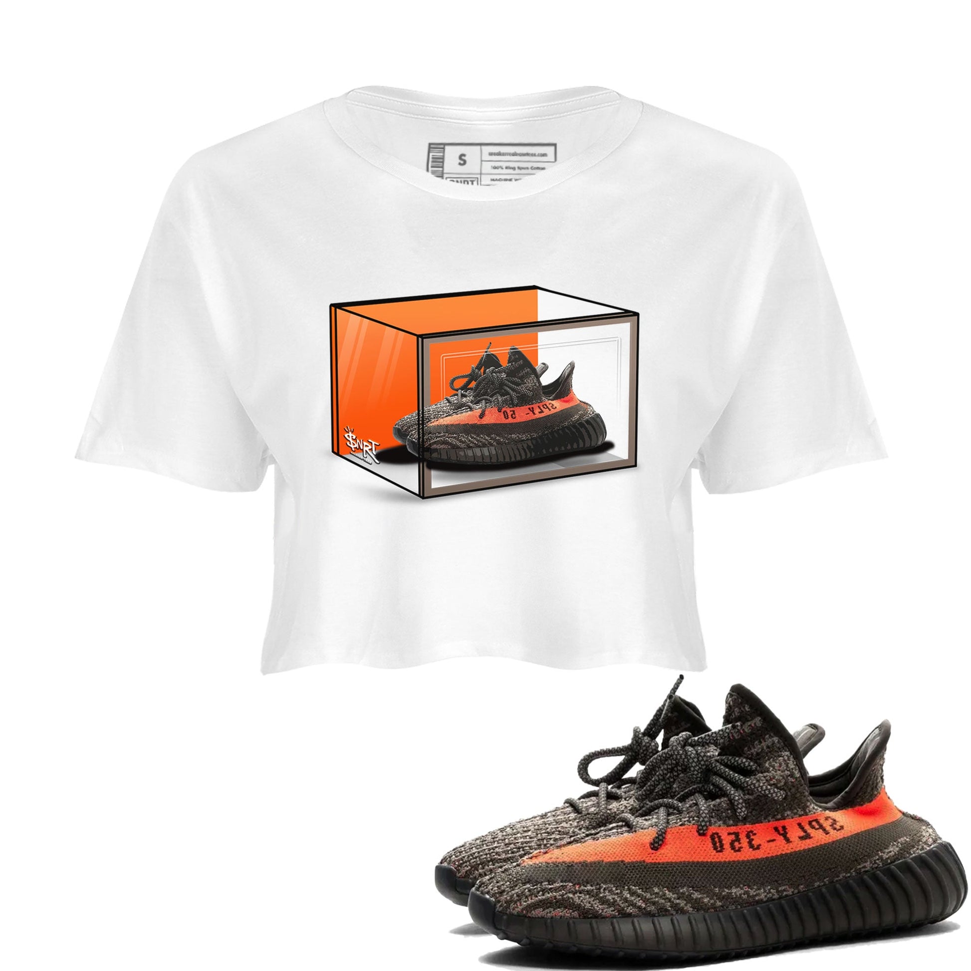 Yeezy 350 Carbon Beluga shirt to match jordans Shoe Box sneaker tees Yeezy Boost 350 Carbon Beluga SNRT Sneaker Release Tees White 1 Crop T-Shirt