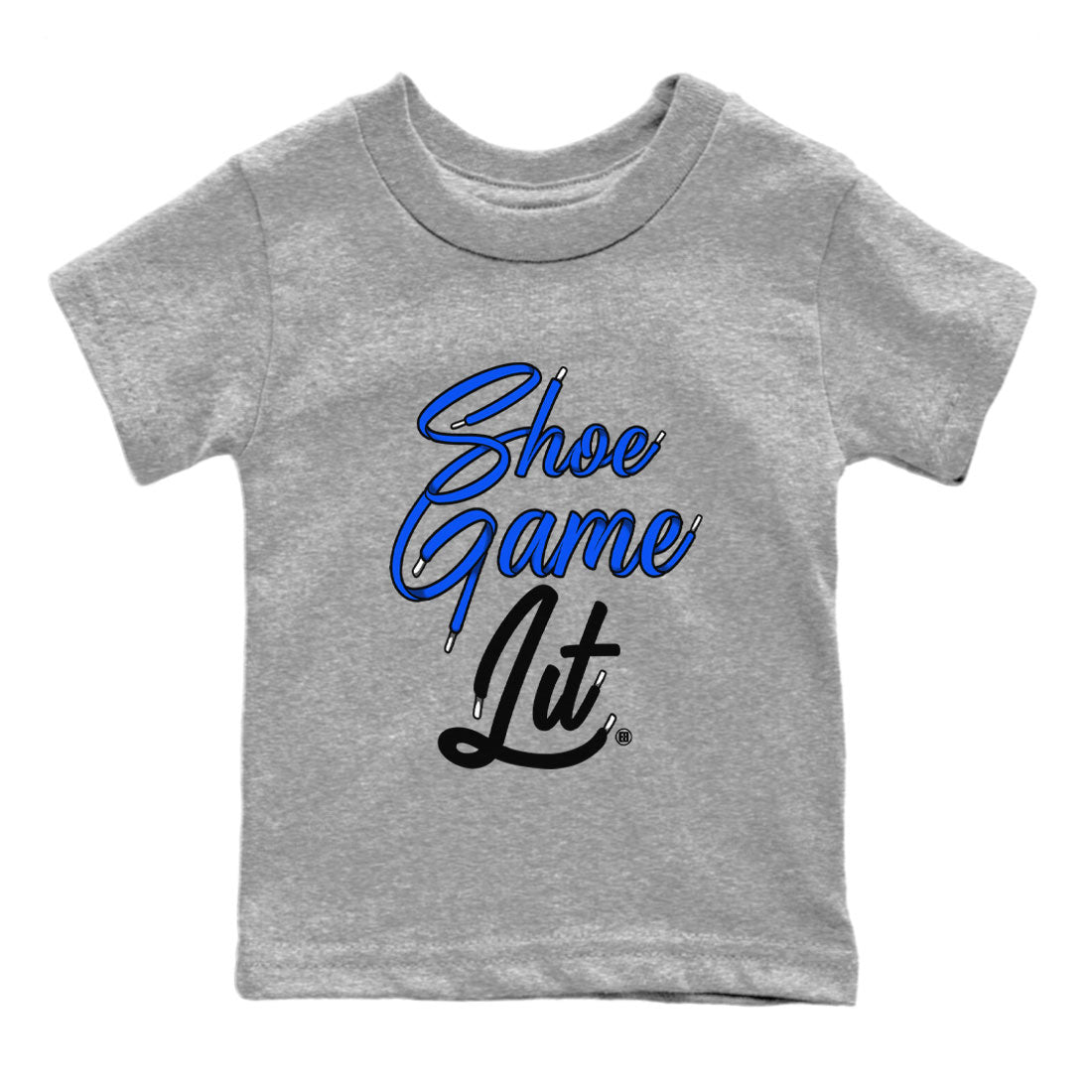 Air Jordan 1 Royal Reimagined shirt to match jordans Shoe Game Lit Shoe Lace sneaker tees Air Jordan 1 High OG Royal Reimagined SNRT Sneaker Release Tees Baby Toddler Heather Grey 2 T-Shirt