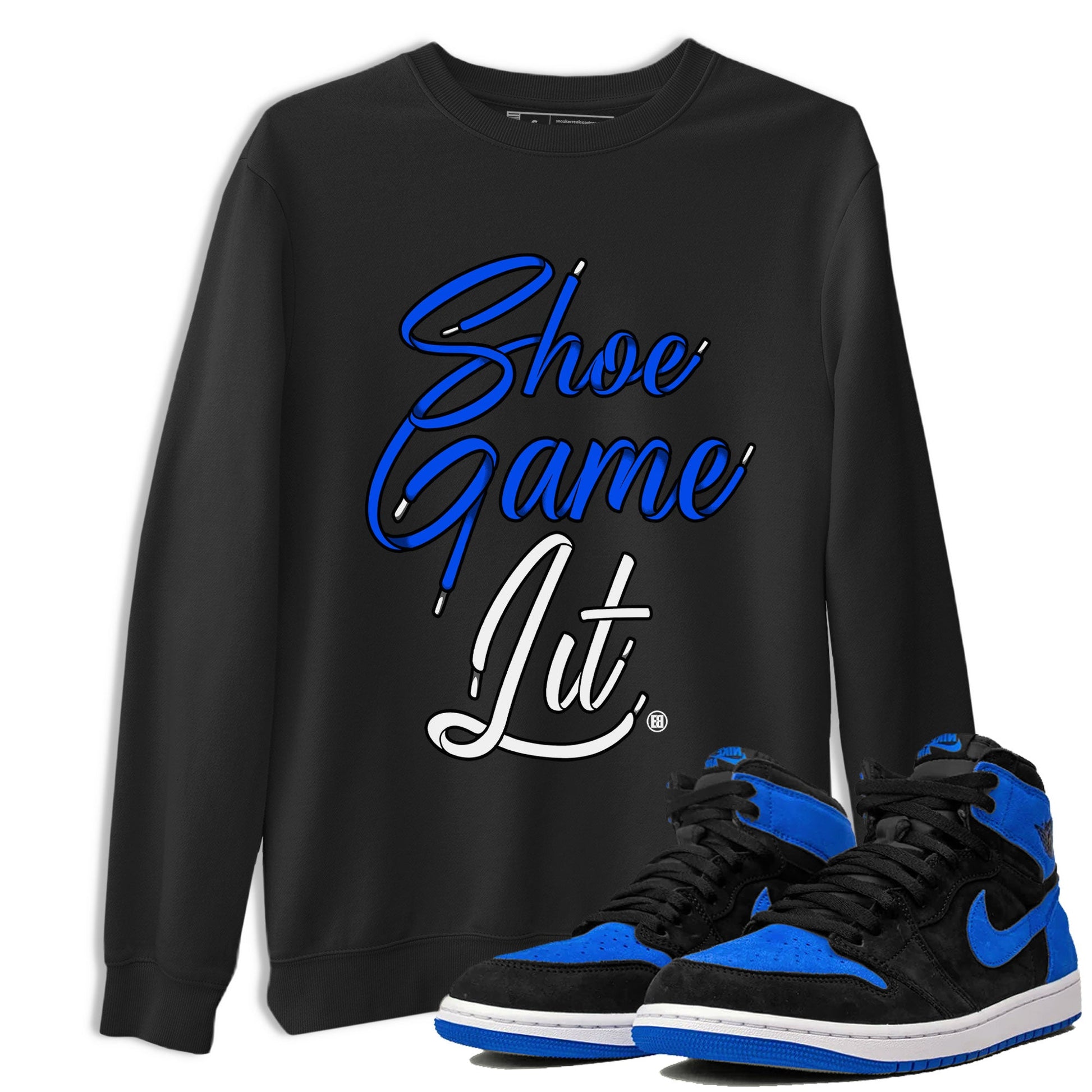 Air Jordan 1 Royal Reimagined shirt to match jordans Shoe Game Lit Shoe Lace sneaker tees Air Jordan 1 High OG Royal Reimagined SNRT Sneaker Release Tees Unisex Black 1 T-Shirt