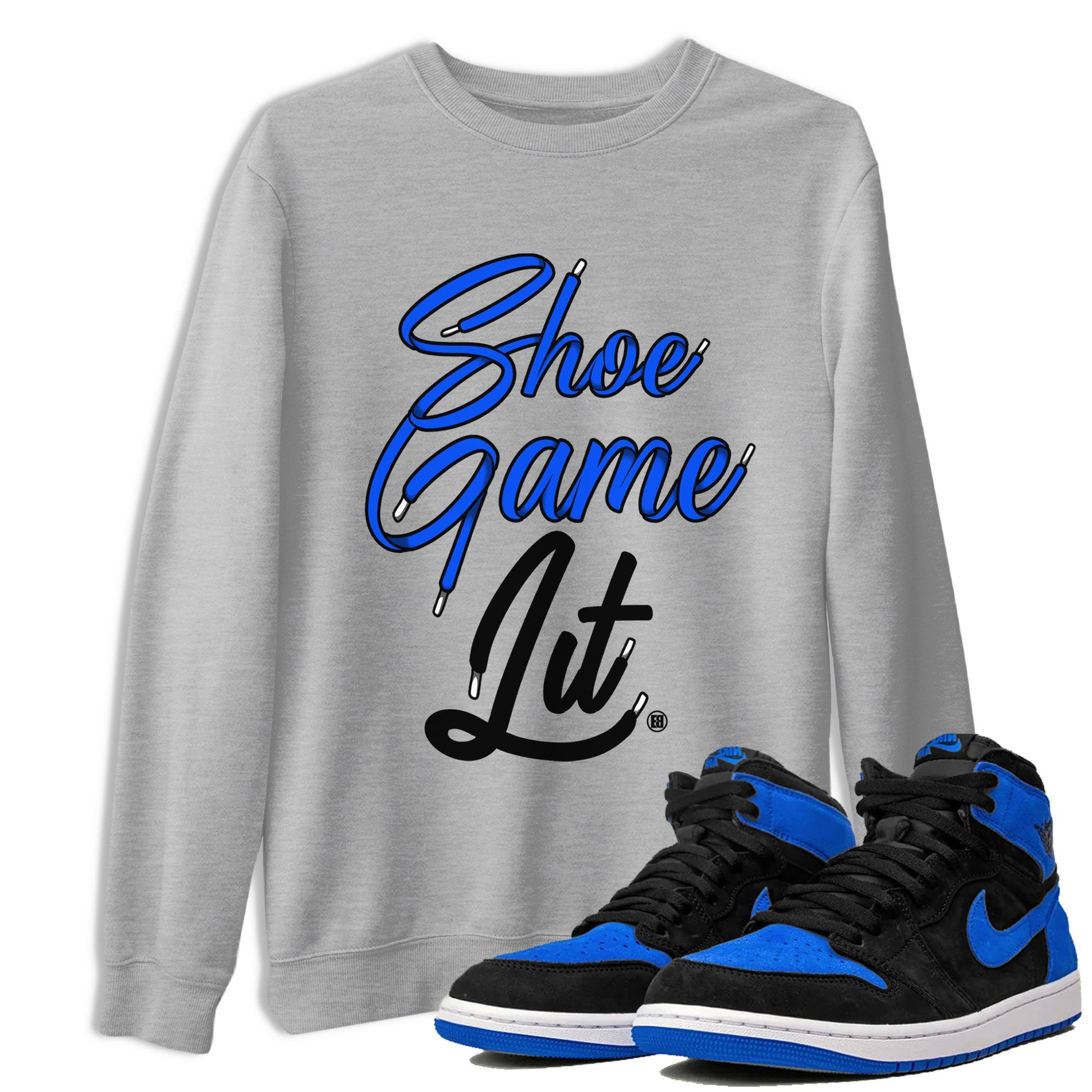Air Jordan 1 Royal Reimagined shirt to match jordans Shoe Game Lit Shoe Lace sneaker tees Air Jordan 1 High OG Royal Reimagined SNRT Sneaker Release Tees Unisex Heather Grey 1 T-Shirt