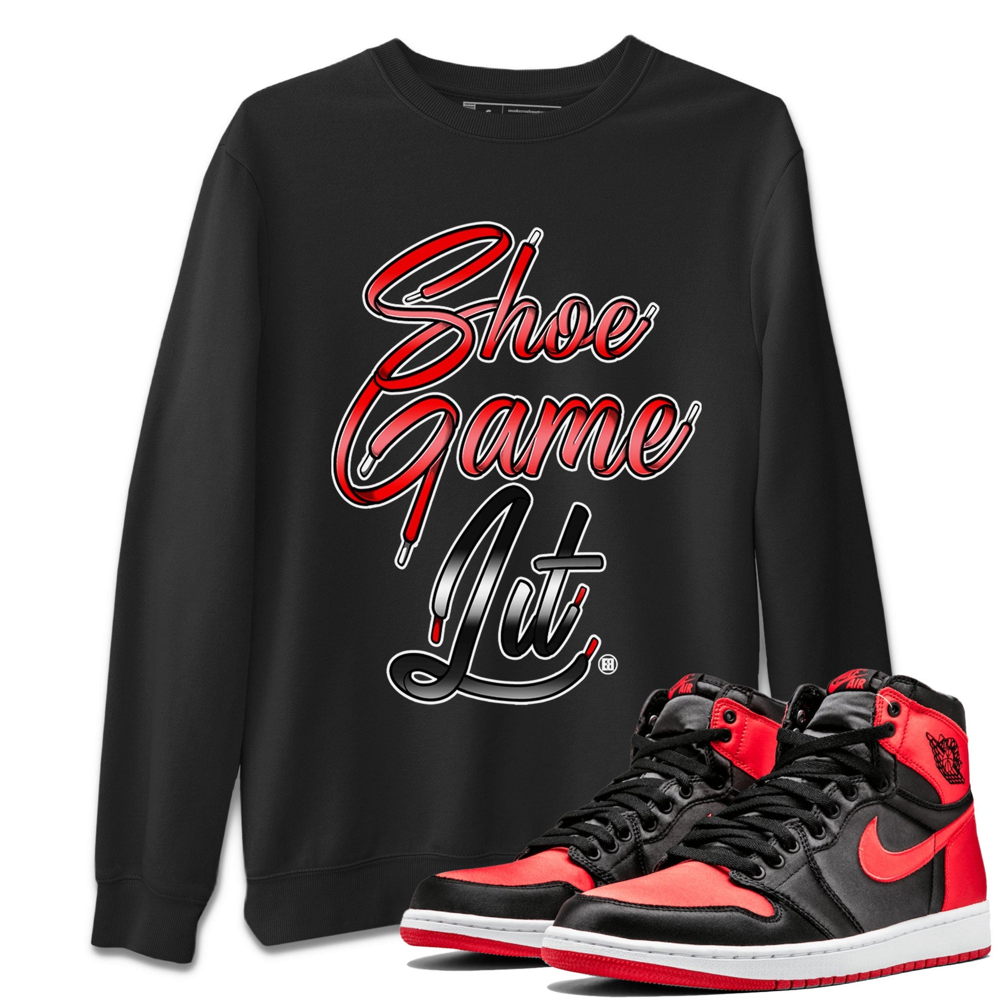 Air Jordan 1 Satin Bred Sneaker Match Tees Shoe Game Lit Shoe Lace Sneaker Tees Air Jordan 1 Satin Bred SNRT Sneaker Release Tees Short Sleeve T-Shirt Black 1