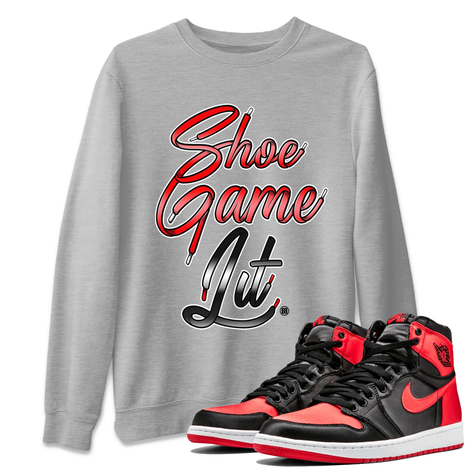 Air Jordan 1 Satin Bred Sneaker Match Tees Shoe Game Lit Shoe Lace Sneaker Tees Air Jordan 1 Satin Bred SNRT Sneaker Release Tees Short Sleeve T-Shirt Heather Grey 1