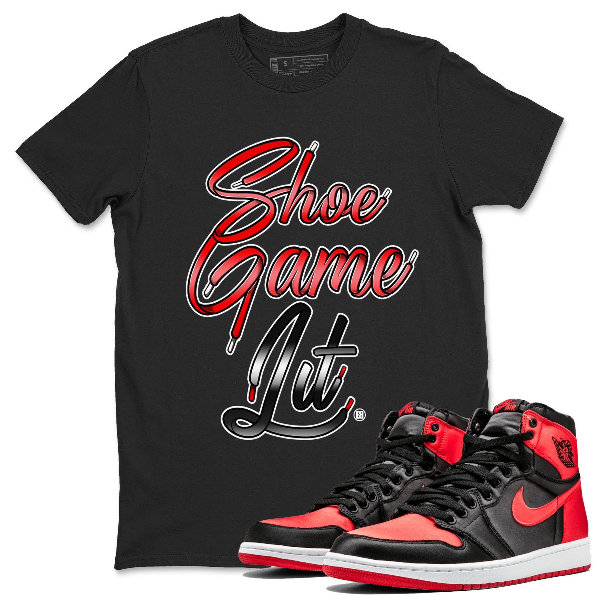 Air Jordan 1 Satin Bred Sneaker Match Tees Shoe Game Lit Shoe Lace Sneaker Tees Air Jordan 1 Satin Bred SNRT Sneaker Release Tees Short Sleeve T-Shirt Black 1