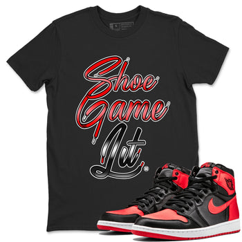 Air Jordan 1 Satin Bred Sneaker Match Tees Shoe Game Lit Shoe Lace Sneaker Tees Air Jordan 1 Satin Bred SNRT Sneaker Release Tees Short Sleeve T-Shirt Black 1