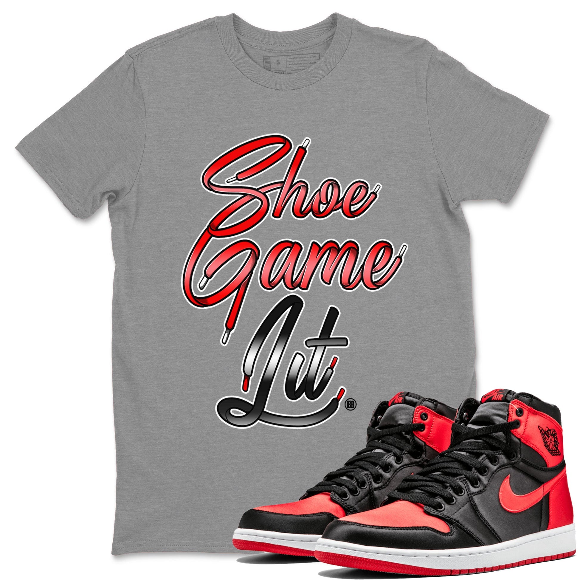 Air Jordan 1 Satin Bred Sneaker Match Tees Shoe Game Lit Shoe Lace Sneaker Tees Air Jordan 1 Satin Bred SNRT Sneaker Release Tees Short Sleeve T-Shirt Heather Grey 1