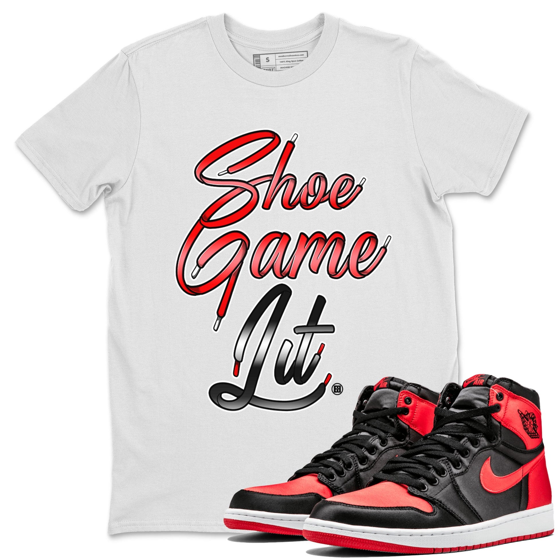Air Jordan 1 Satin Bred Sneaker Match Tees Shoe Game Lit Shoe Lace Sneaker Tees Air Jordan 1 Satin Bred SNRT Sneaker Release Tees Short Sleeve T-Shirt White 1