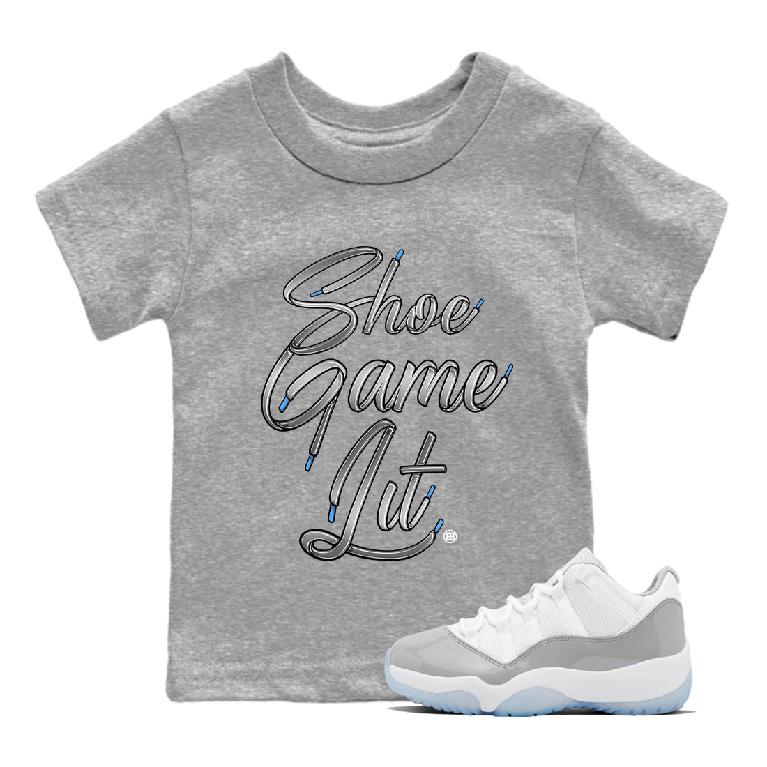 Air Jordan 11 White Cement Shoe Game Lit Shoe Lace Baby and Kids Sneaker Tees Air Jordan 11 Cement Grey Kids Sneaker Tees Size Chart