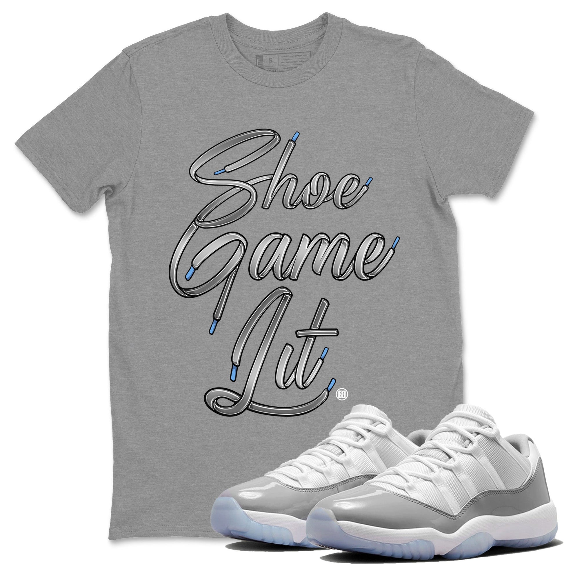 Air Jordan 11 White Cement Shoe Game Lit Shoe Lace Crew Neck Sneaker Tees Air Jordan 11 Cement Grey Sneaker T-Shirts Size Chart