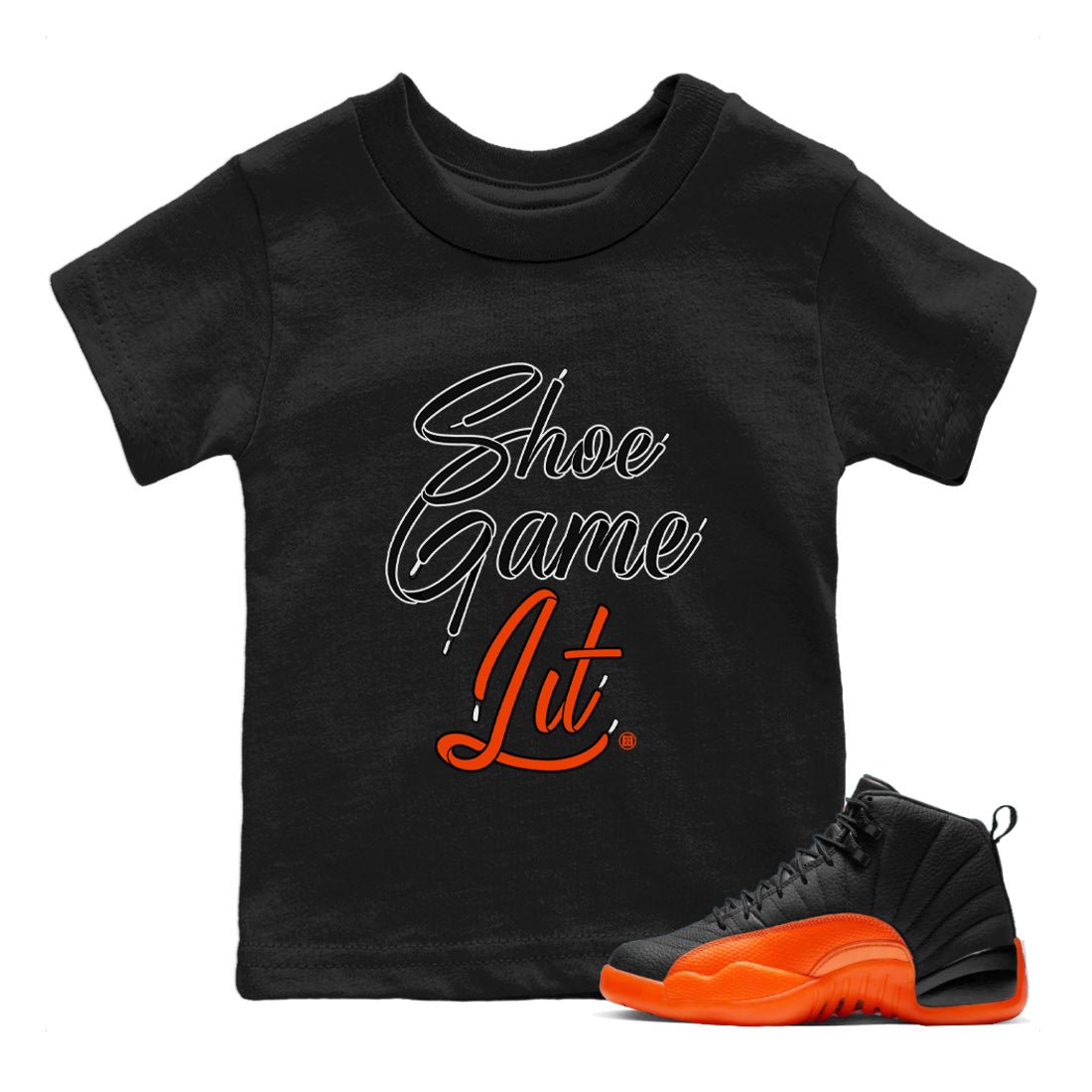 Air Jordan 12 Brilliant Orange Sneaker Match Tees Shoe Game Lit Shoe Lace Sneaker Tees 12s Brilliant Orange Tee Kids Shirts Black 1
