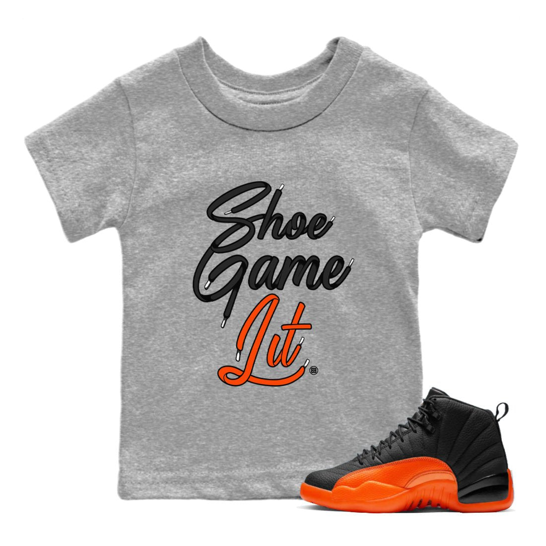 Air Jordan 12 Brilliant Orange Shoe Game Lit Shoe Lace Baby and Kids Sneaker Tees Air Jordan 12 Brilliant Orange Kids Sneaker Tees Size Chart