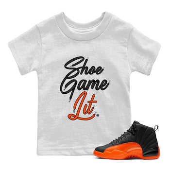 Air Jordan 12 Brilliant Orange Sneaker Match Tees Shoe Game Lit Shoe Lace Sneaker Tees 12s Brilliant Orange Tee Kids Shirts White 1