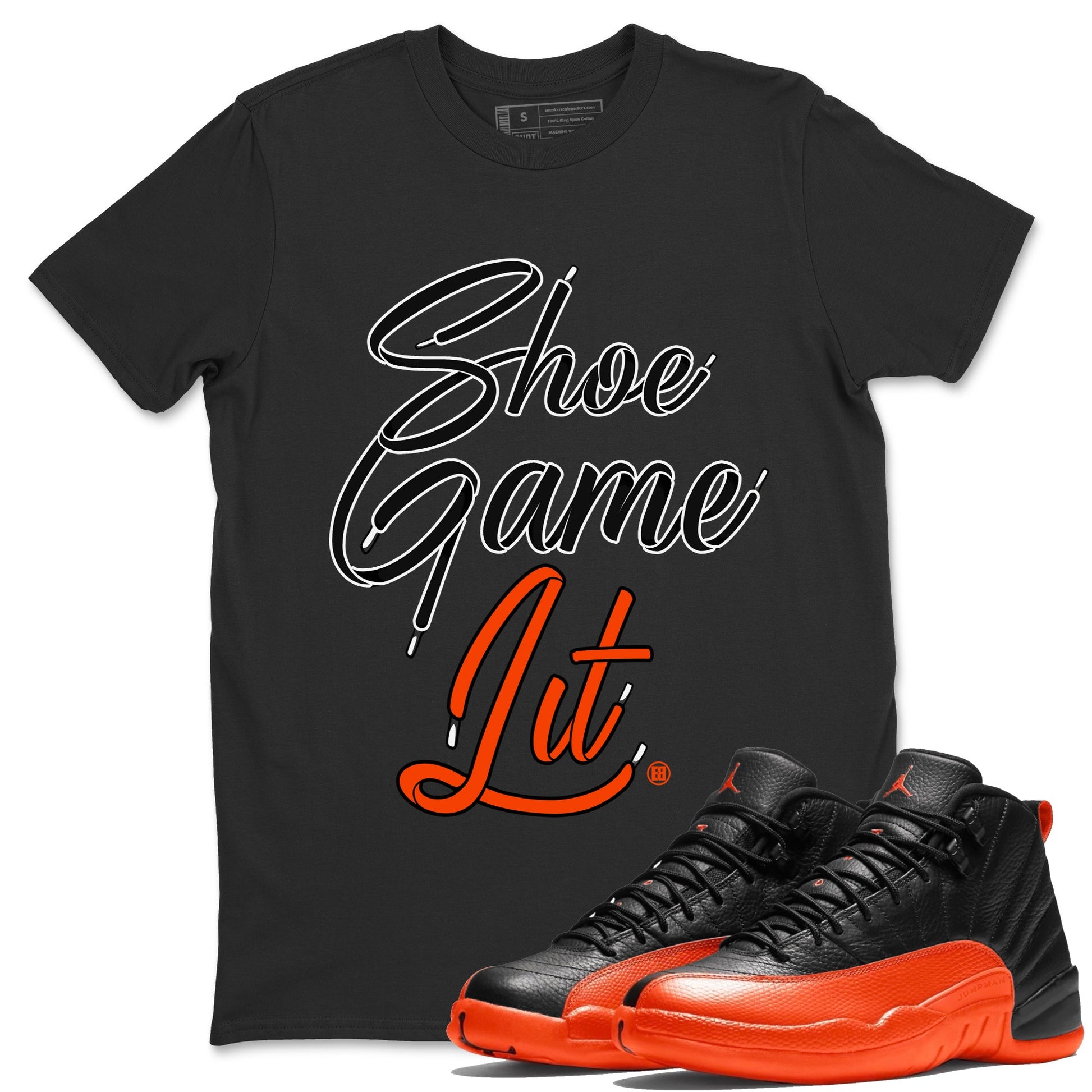 Air Jordan 12 Brilliant Orange Sneaker Match Tees Shoe Game Lit Shoe Lace Sneaker Tees 12s Brilliant Orange Tee Unisex Shirts Black 1