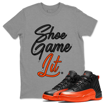 Air Jordan 12 Brilliant Orange Shoe Game Lit Shoe Lace Crew Neck Sneaker Tees Air Jordan 12 Brilliant Orange Sneaker T-Shirts Size Chart