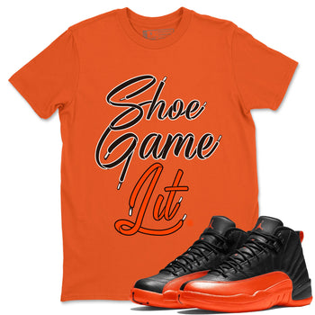 Air Jordan 12 Brilliant Orange Shoe Game Lit Shoe Lace Crew Neck Sneaker Tees Air Jordan 12 Brilliant Orange Sneaker T-Shirts Washing and Care Tip